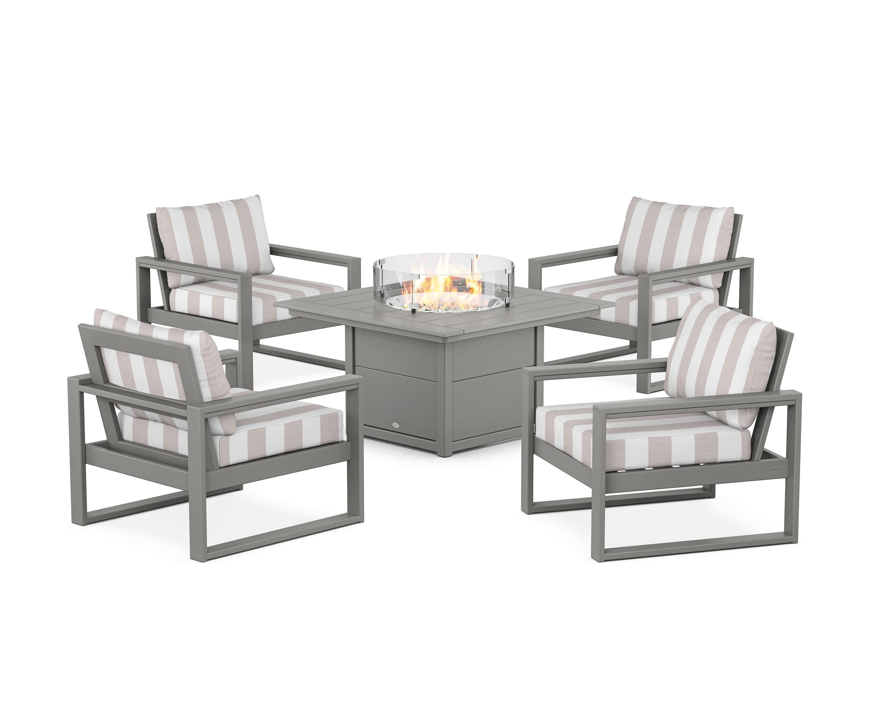 EDGE Sectional 5-Piece Deep Seating Set with Fire Pit Table in Slate Grey / Cabana Stripe Dune Burlap