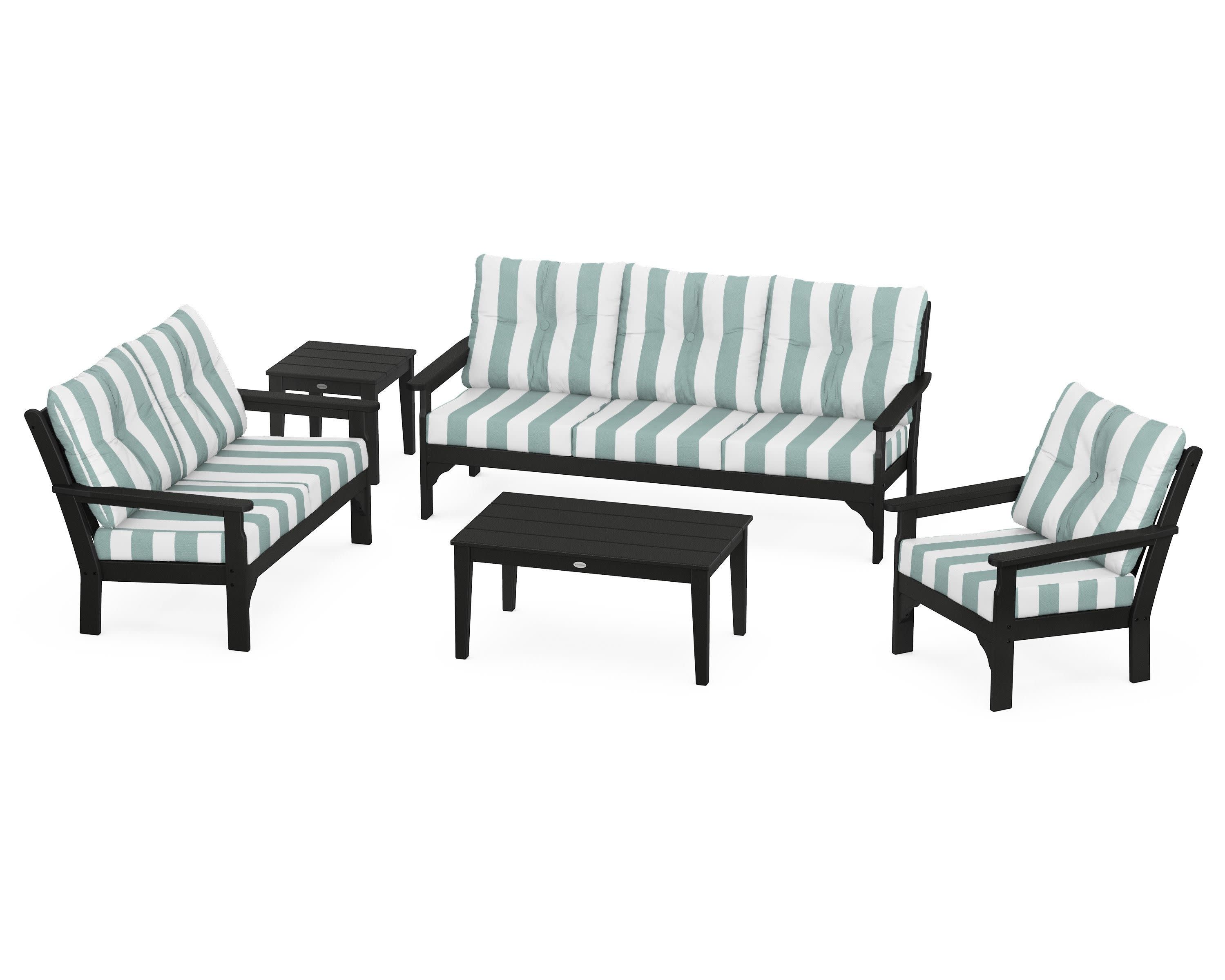 Vineyard 5 Piece Deep Seating Set in Black / Cabana Stripe Glacier Spa