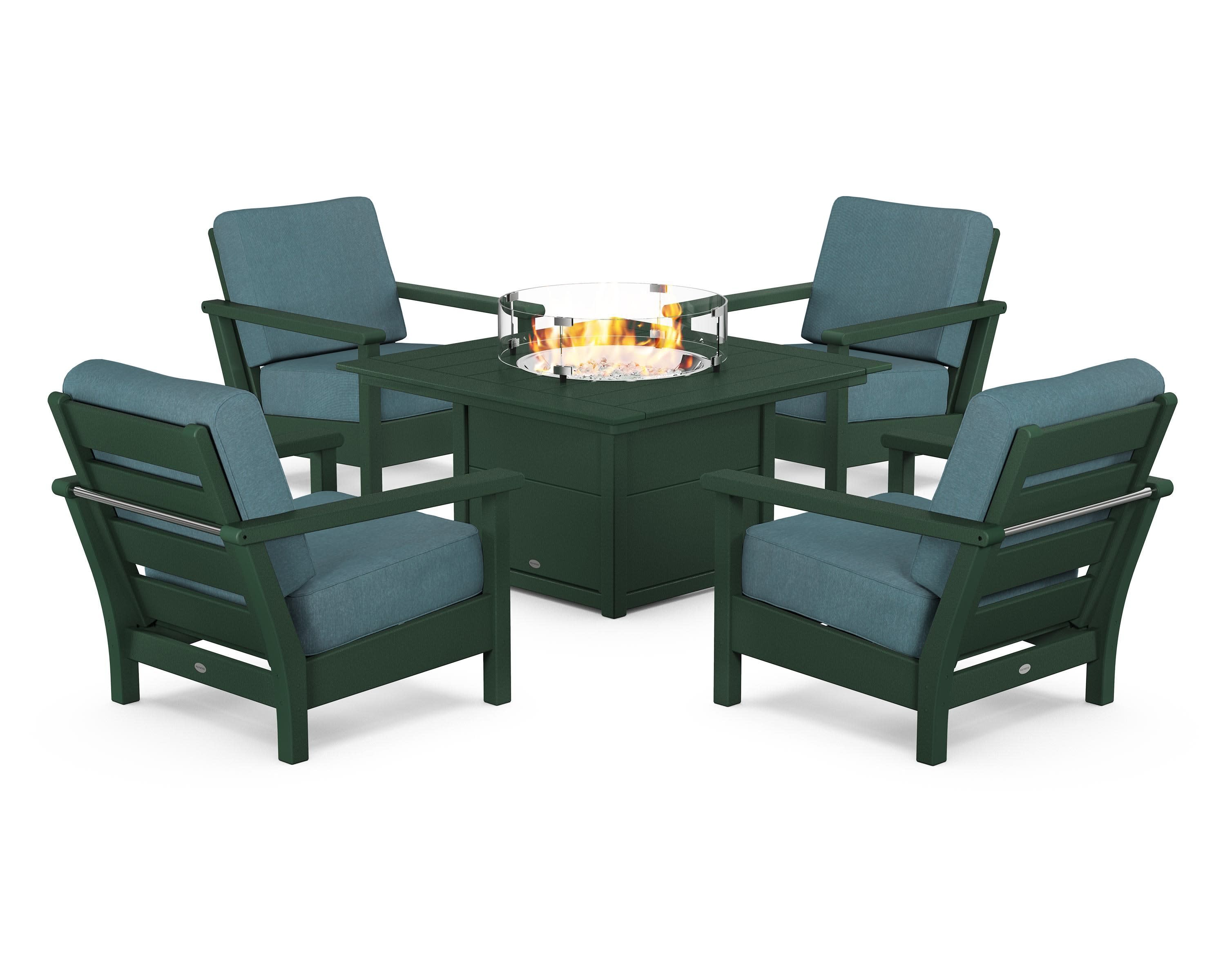 Harbour 5-Piece Conversation Set with Fire Pit Table in Green / Ocean Teal