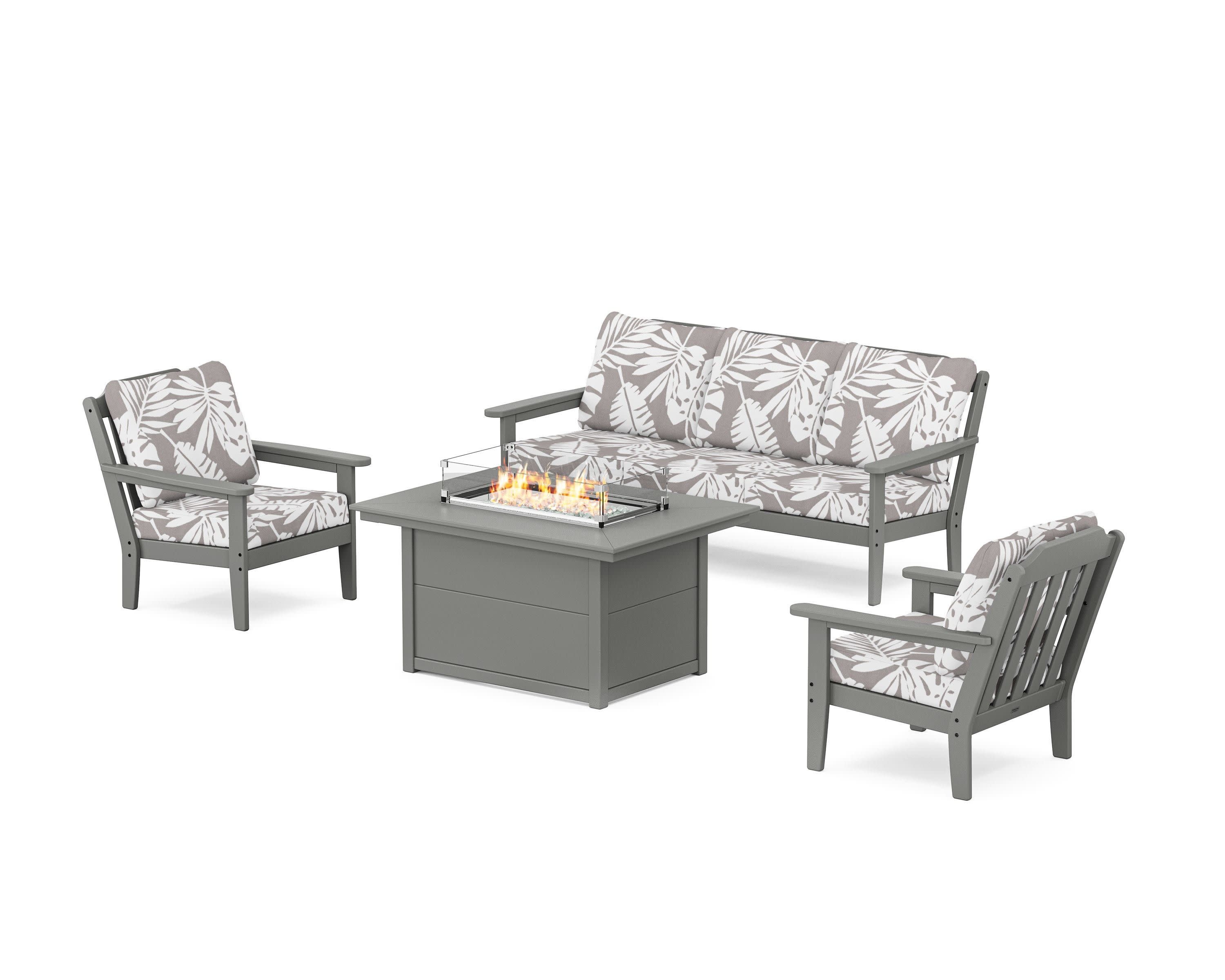 Cottage Deep Seating Fire Pit Table Set in Slate Grey / Leaf Grey Mist