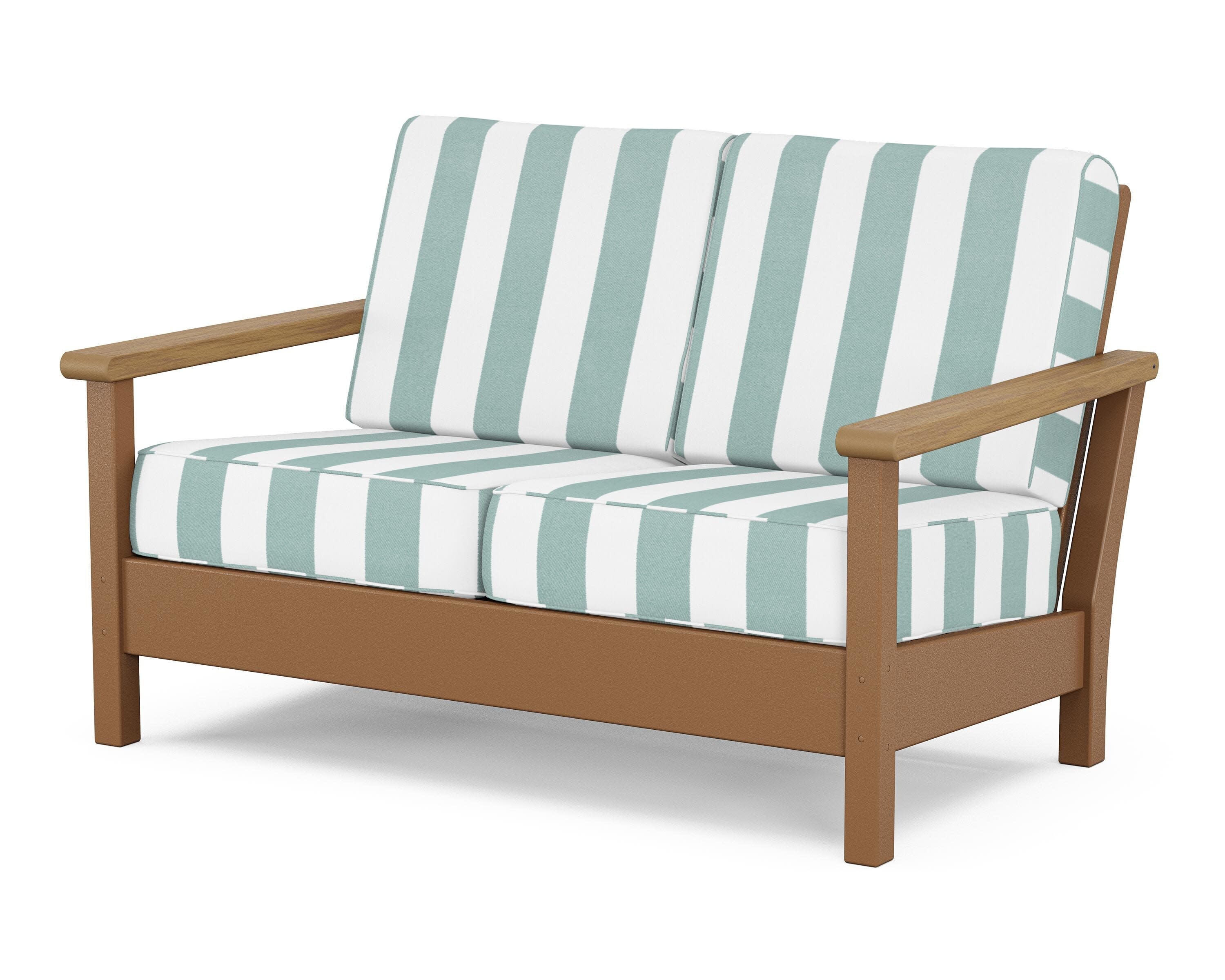 Harbour Deep Seating Loveseat in Teak / Natural / Cabana Stripe Glacier Spa