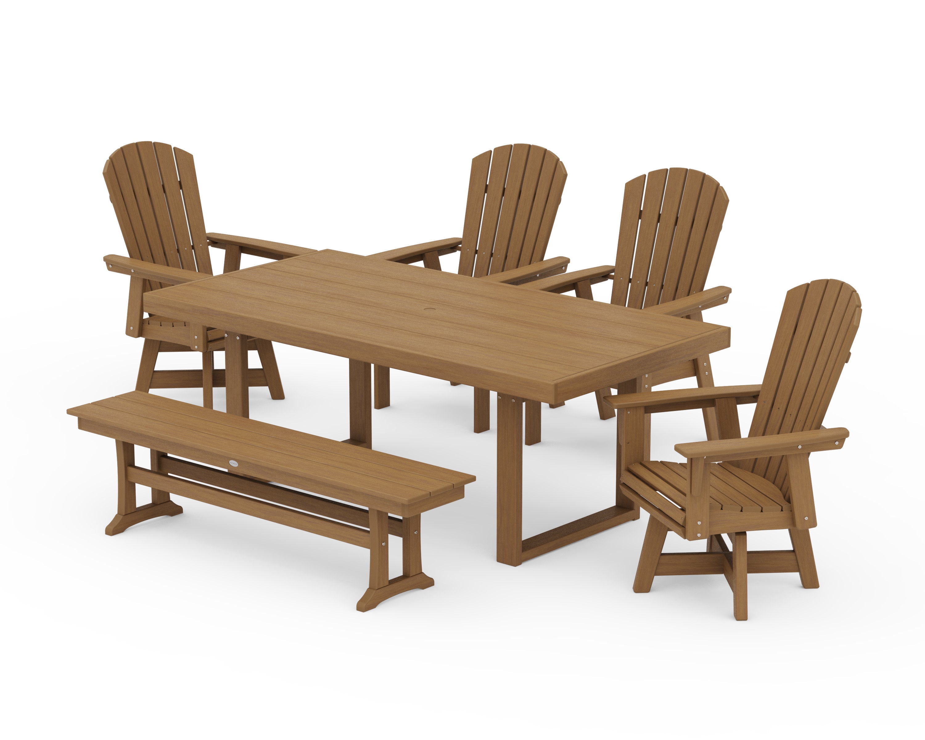 Nautical Curveback Adirondack Swivel Chair 6-Piece Dining Set with Bench in Natural