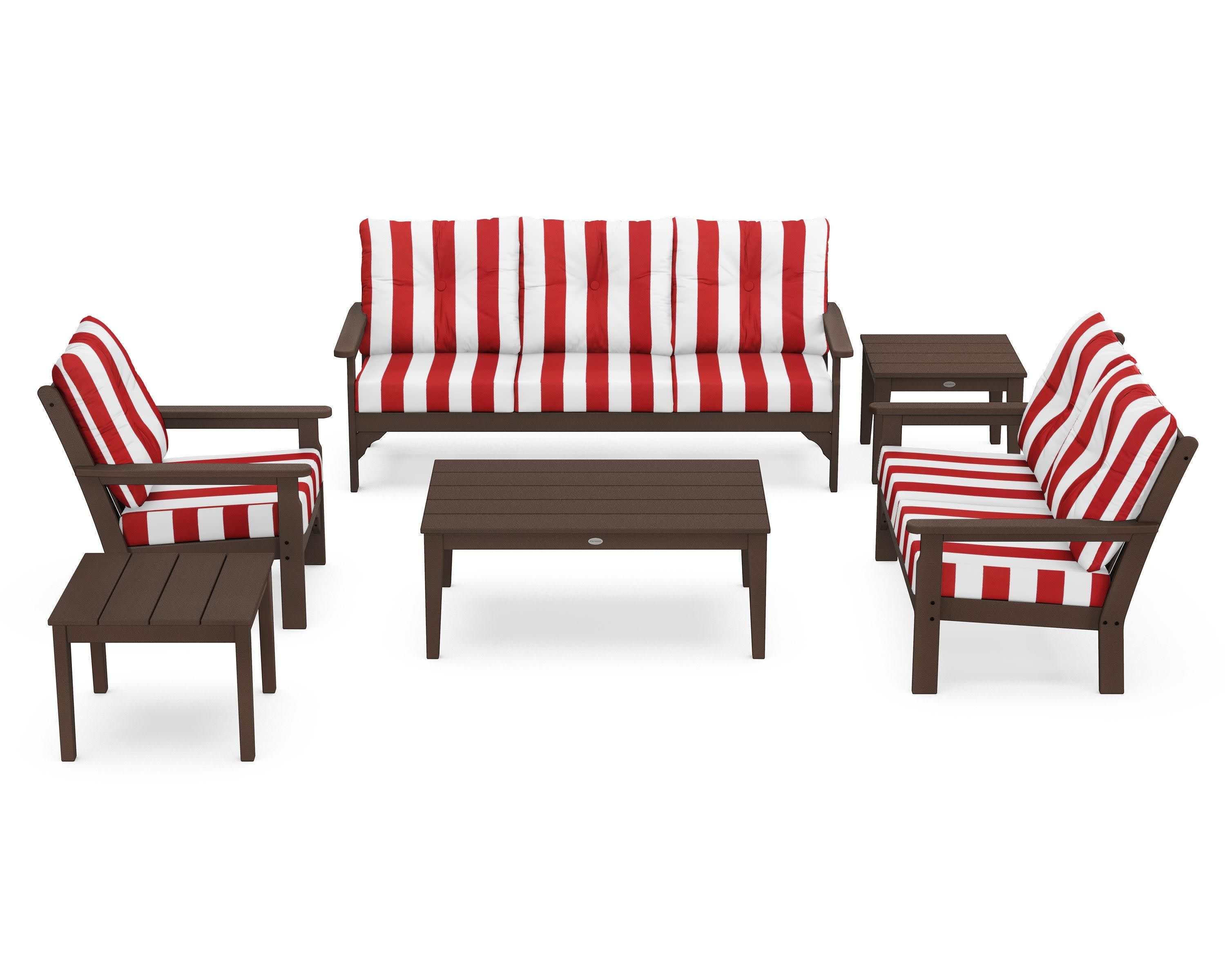 Vineyard 6-Piece Deep Seating Set in Mahogany / Cabana Stripe Crimson