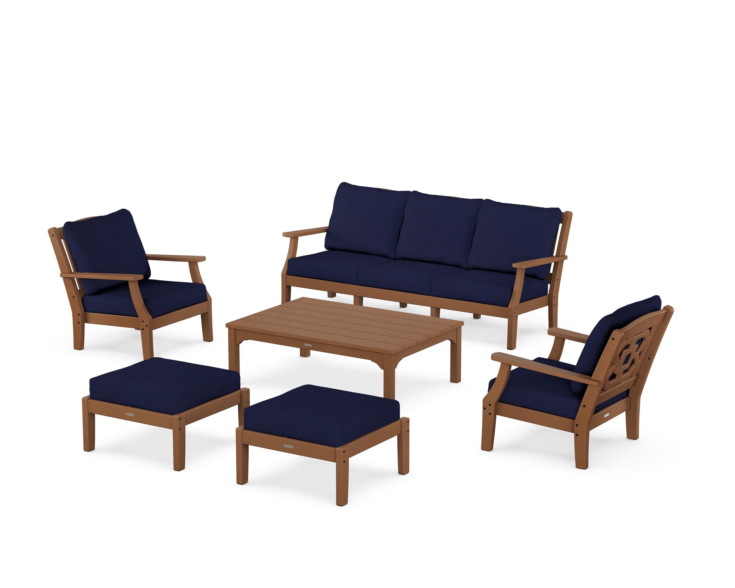Chinoiserie 6-Piece Lounge Sofa Set in Teak / Navy