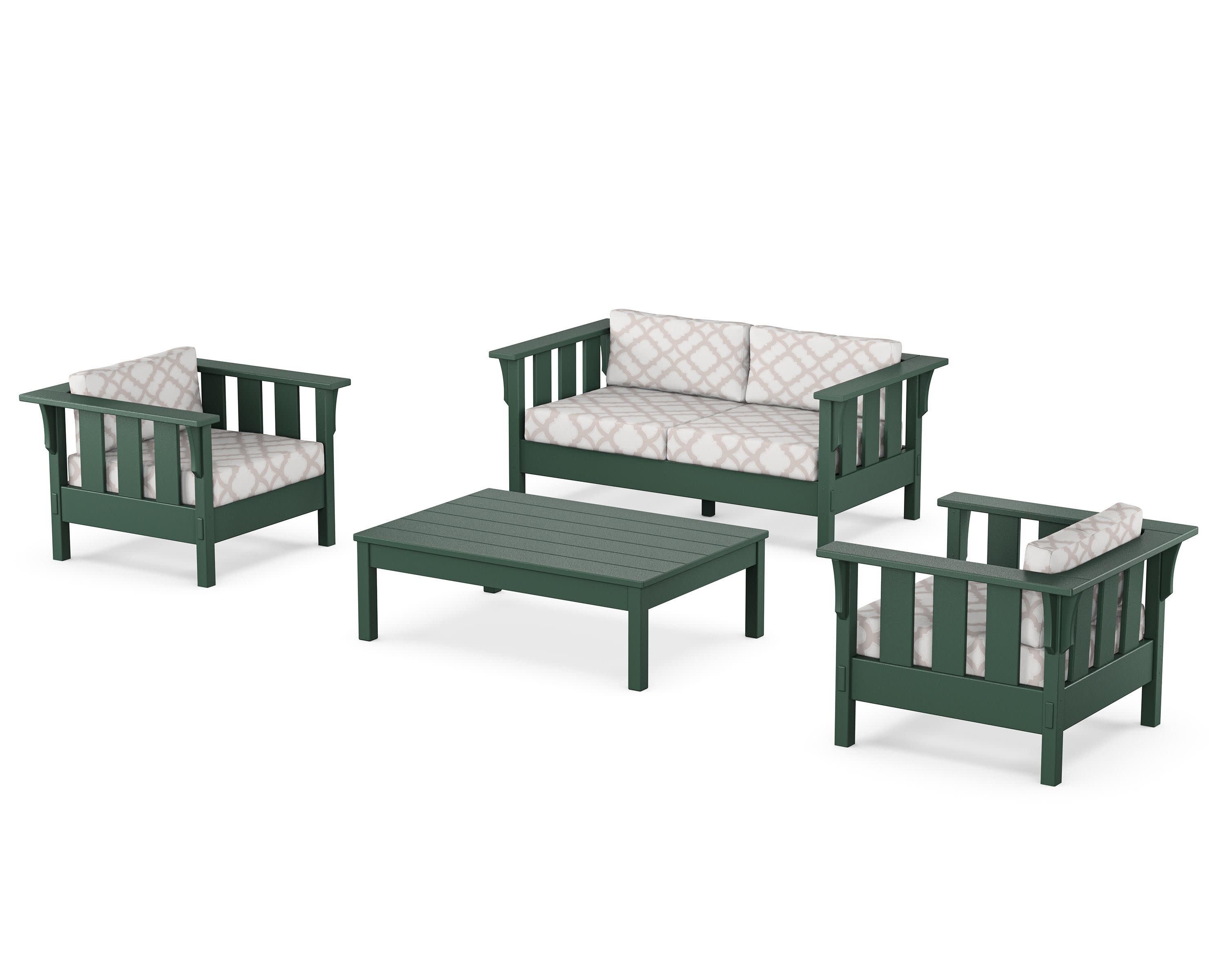 Acadia 4-Piece Deep Seating Set with Loveseat in Green / Trellis Dune Burlap