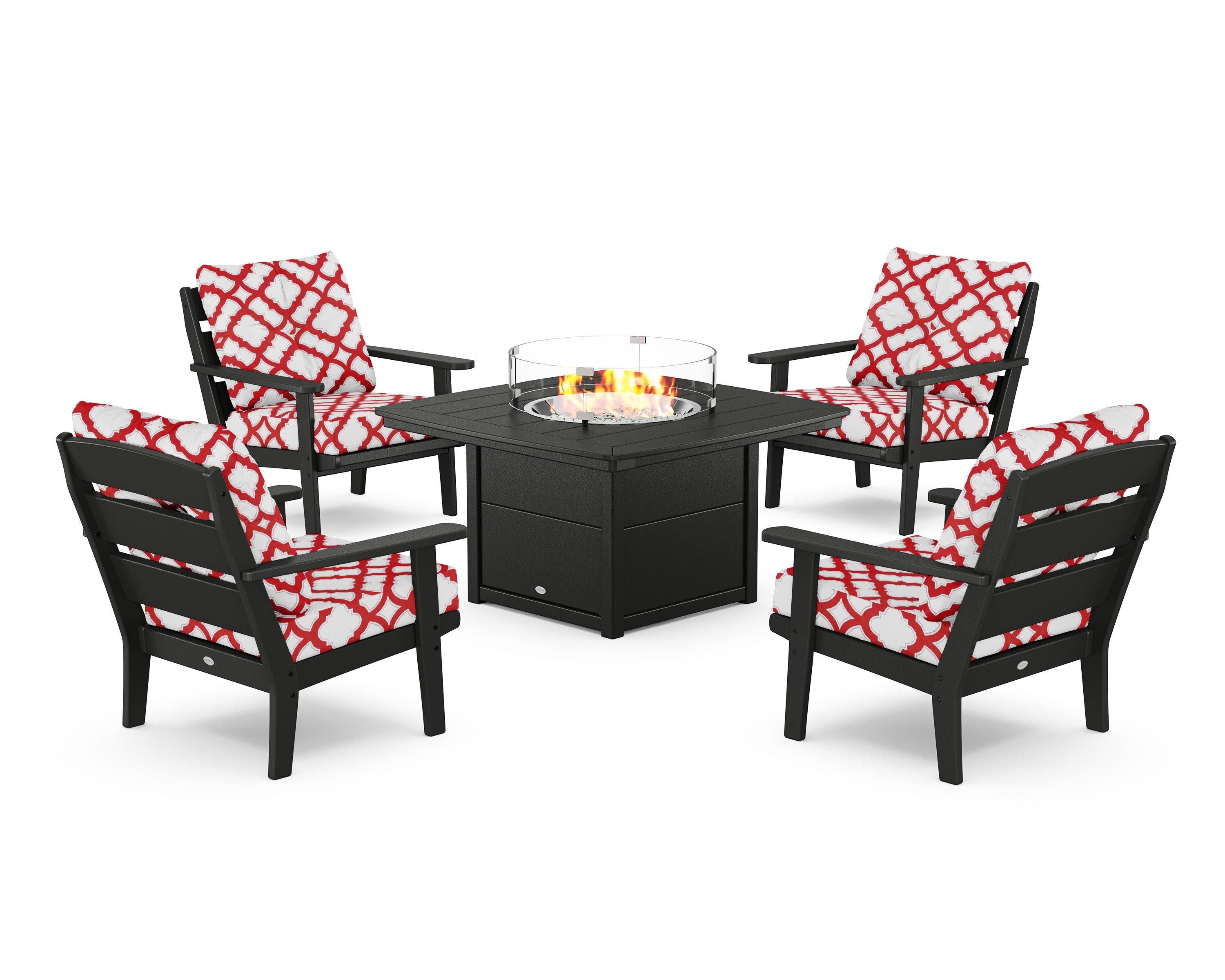 Lakeside 5-Piece Deep Seating Set with Nautical Fire Pit Table in Black / Trellis Crimson
