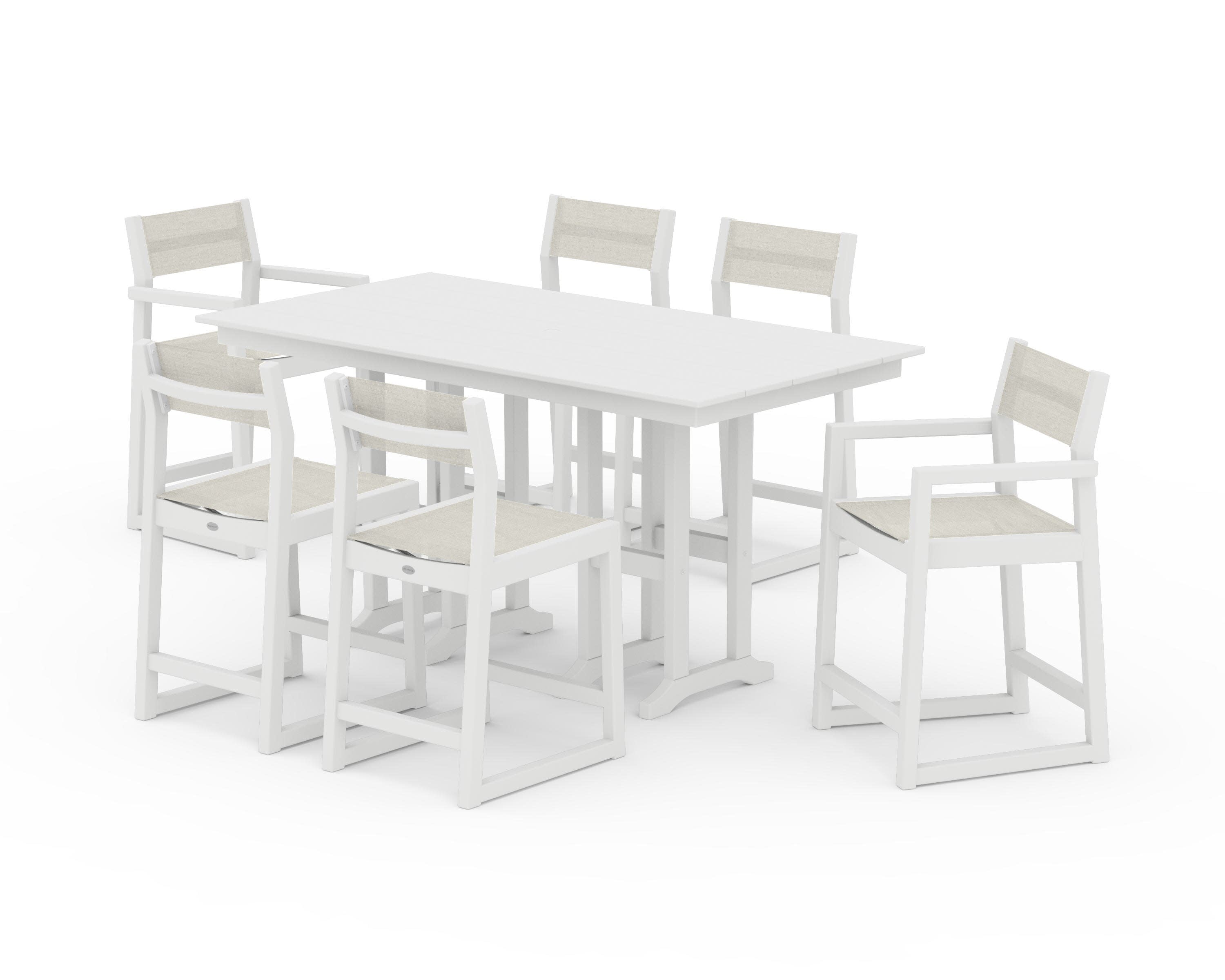 EDGE Sling 7-Piece Farmhouse Counter Set with Trestle Legs in White / Parchment Sling