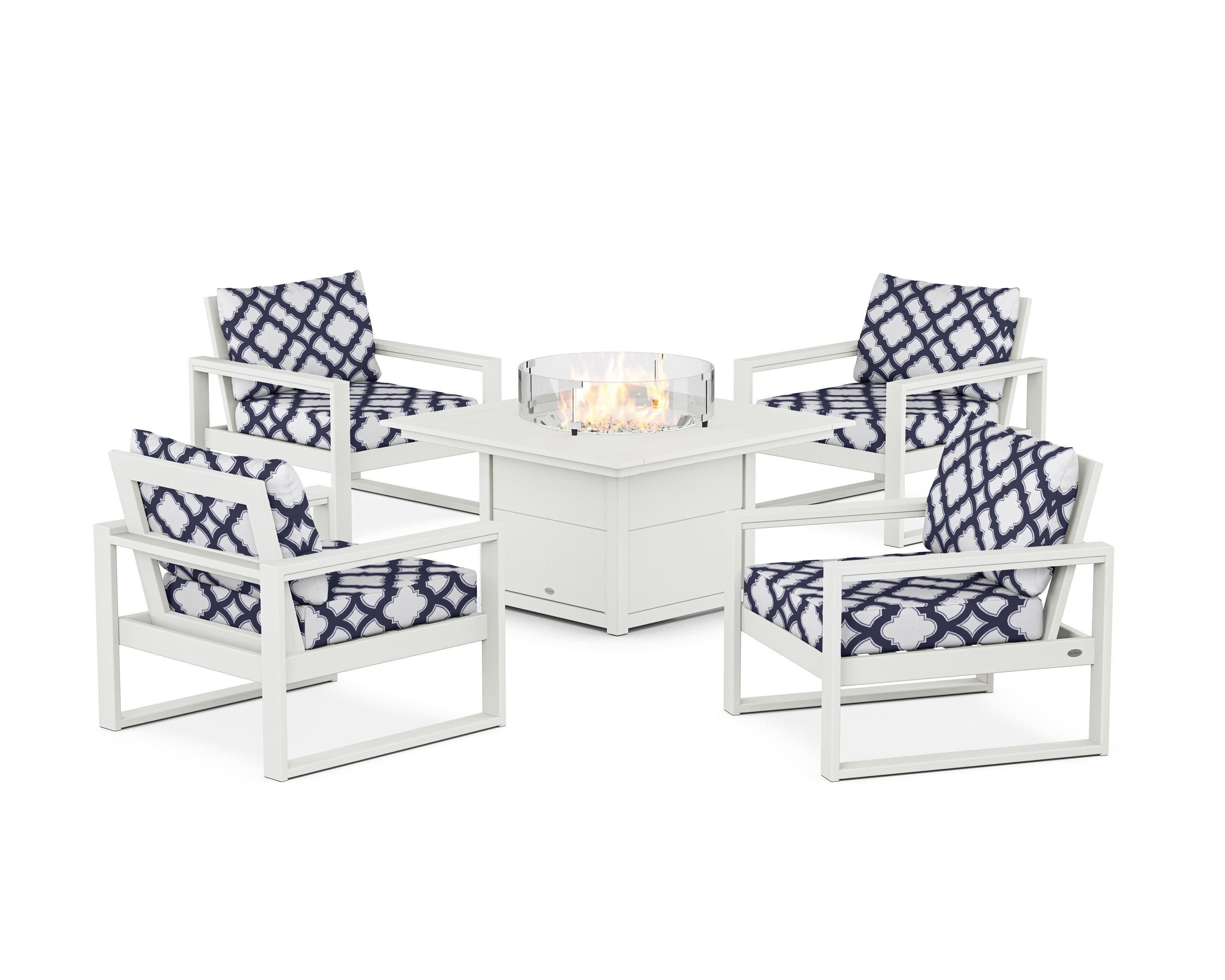 EDGE Sectional 5-Piece Deep Seating Set with Fire Pit Table in Vintage White / Trellis Navy