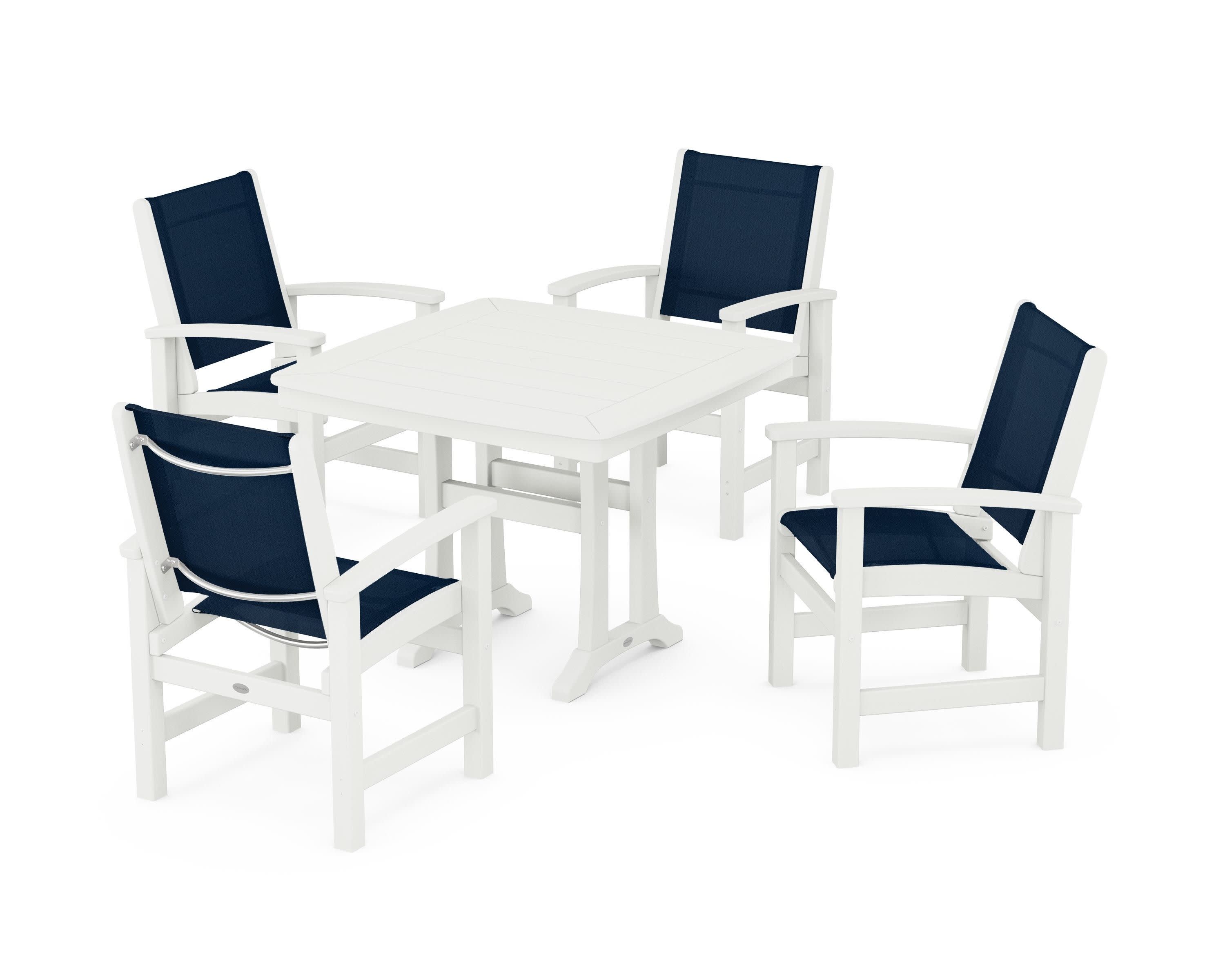 Coastal 5-Piece Dining Set with Trestle Legs in Vintage White / Navy Blue Sling