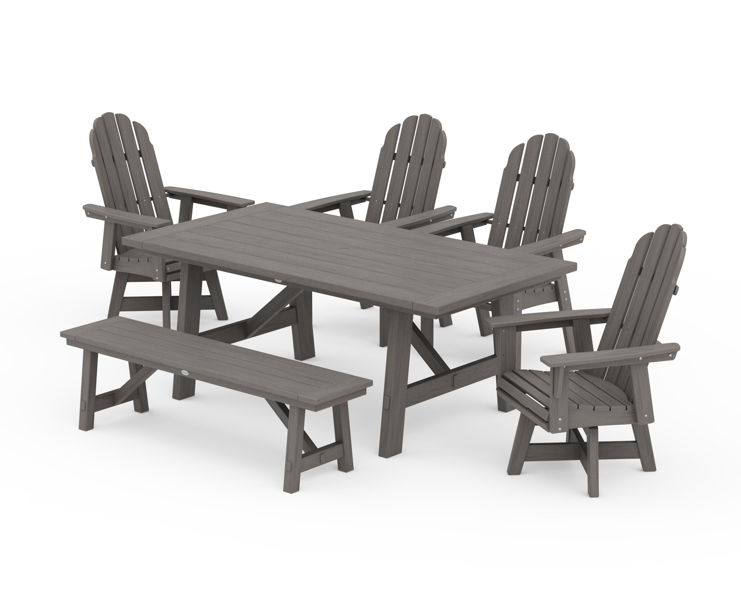 Vineyard Curveback Adirondack Swivel Chair 6-Piece Rustic Farmhouse Dining Set With Bench in Driftwood