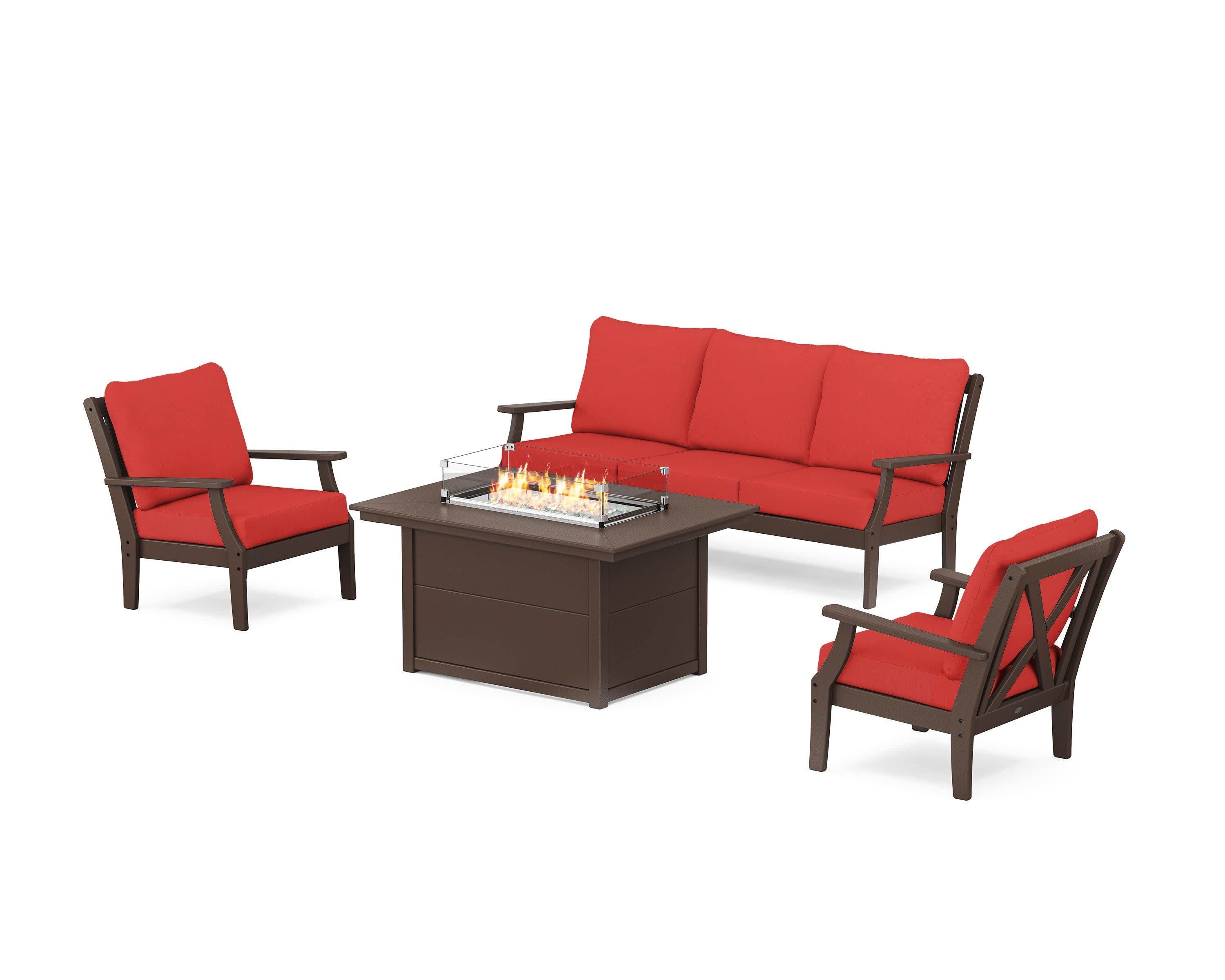 Braxton Deep Seating Fire Pit Table Set in Mahogany / Crimson Linen