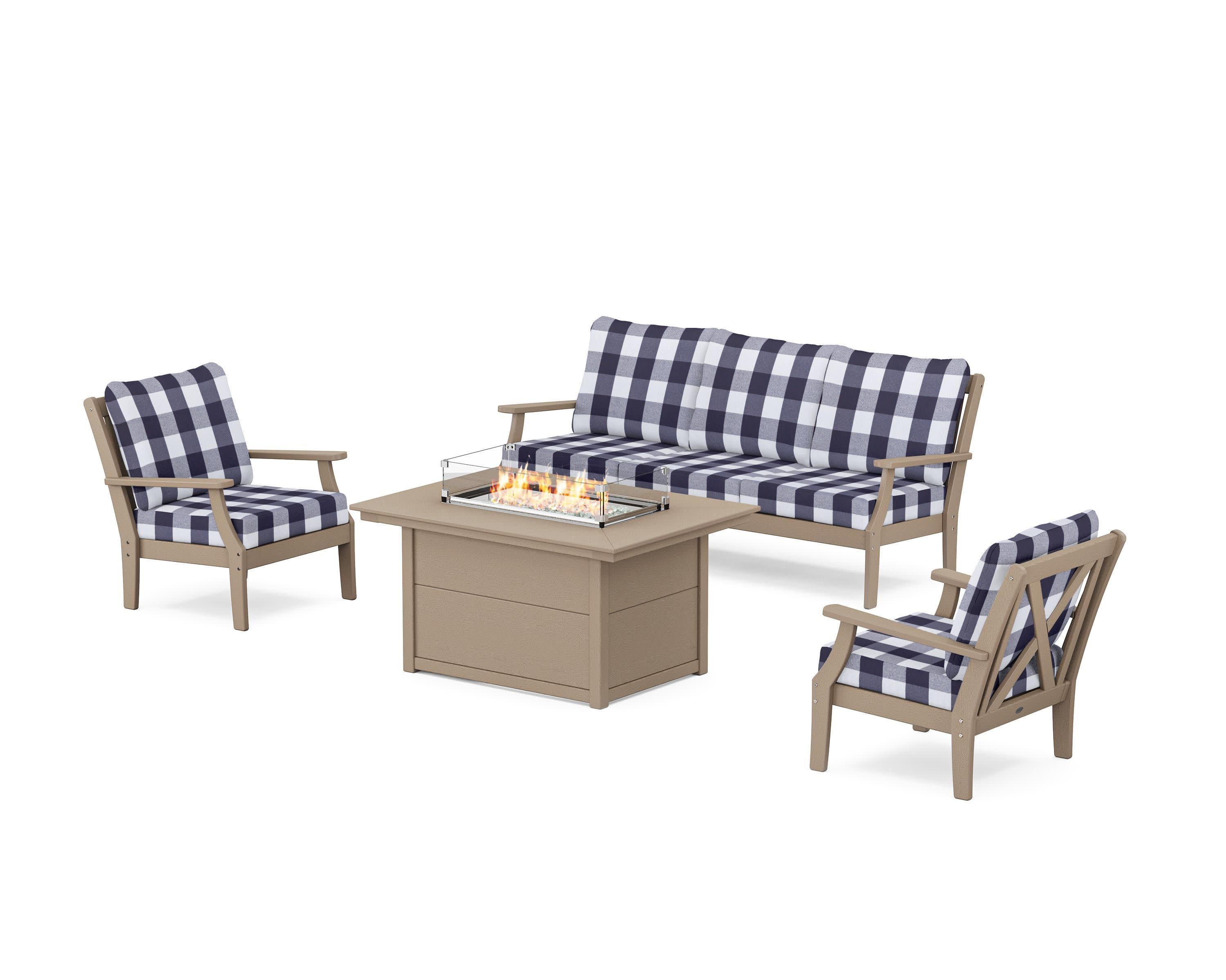Braxton Deep Seating Fire Pit Table Set in Vintage Sahara / Buffalo Plaid Navy