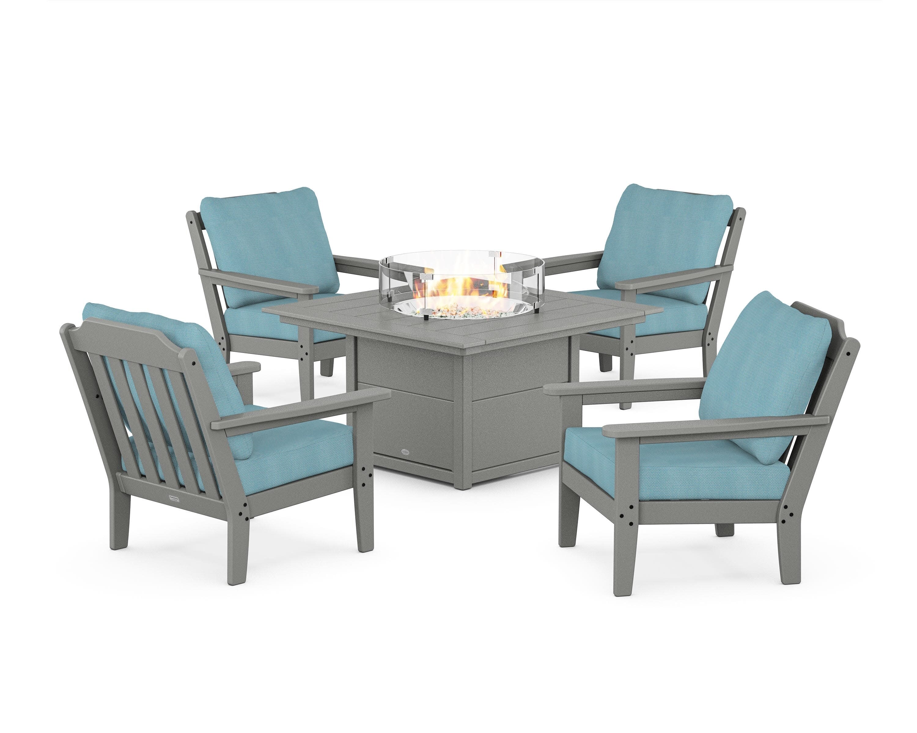 Cottage 5-Piece Deep Seating Set with Fire Pit Table in Slate Grey / Lattice Sky Blue