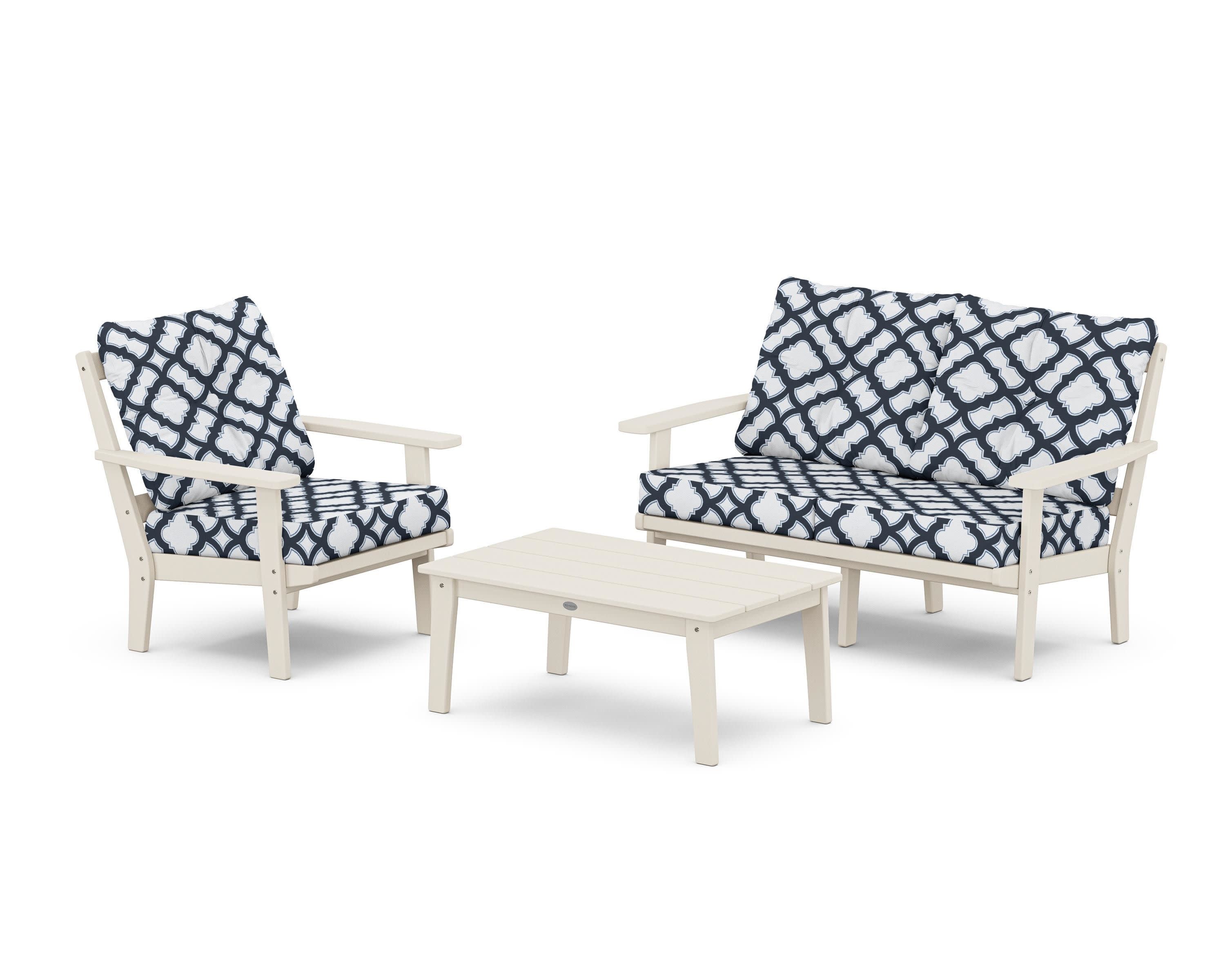 Oxford 3-Piece Deep Seating Set with Loveseat in Sand / Trellis Marine Indigo