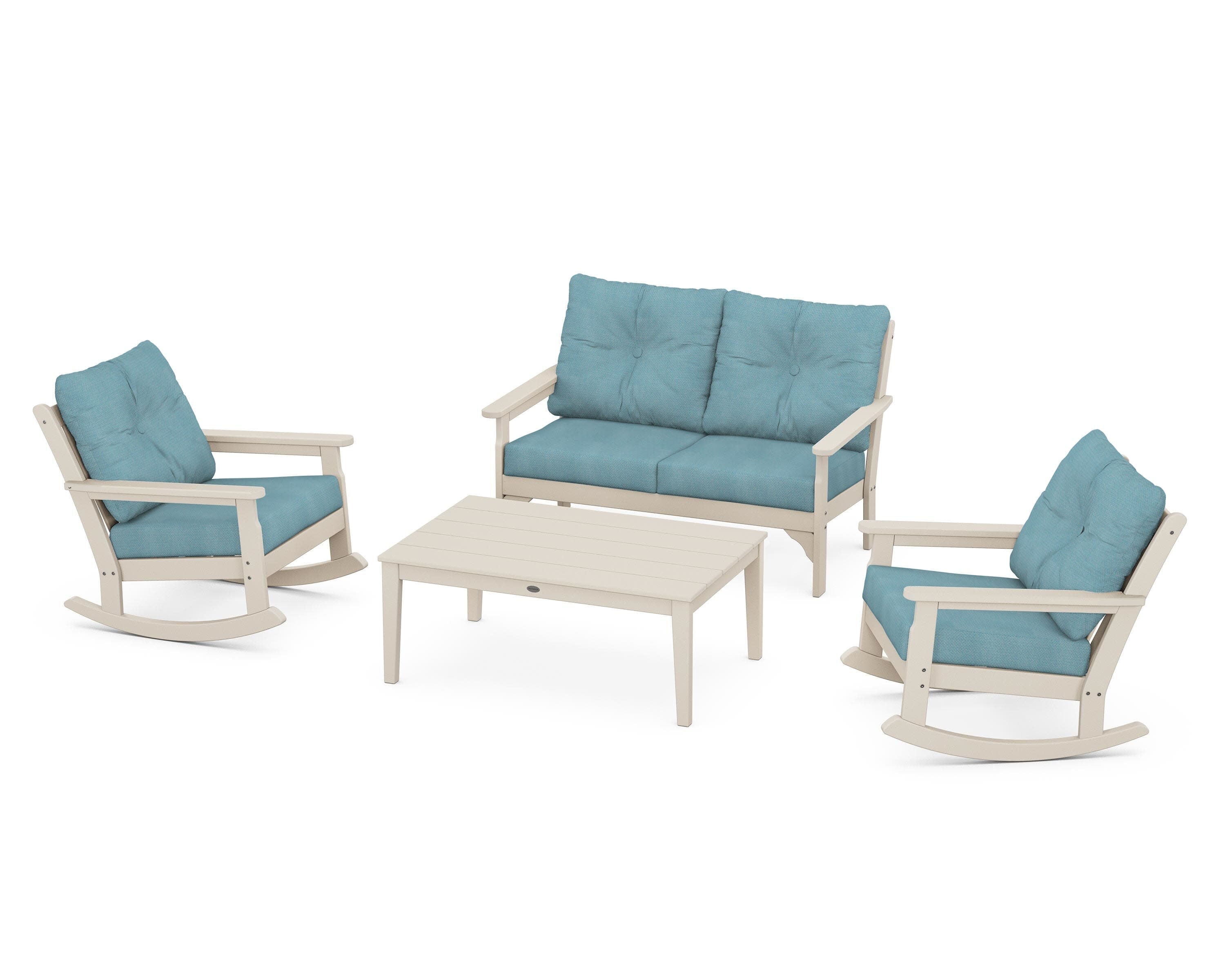 Vineyard 4-Piece Deep Seating Rocking Chair Set in Sand / Lattice Sky Blue
