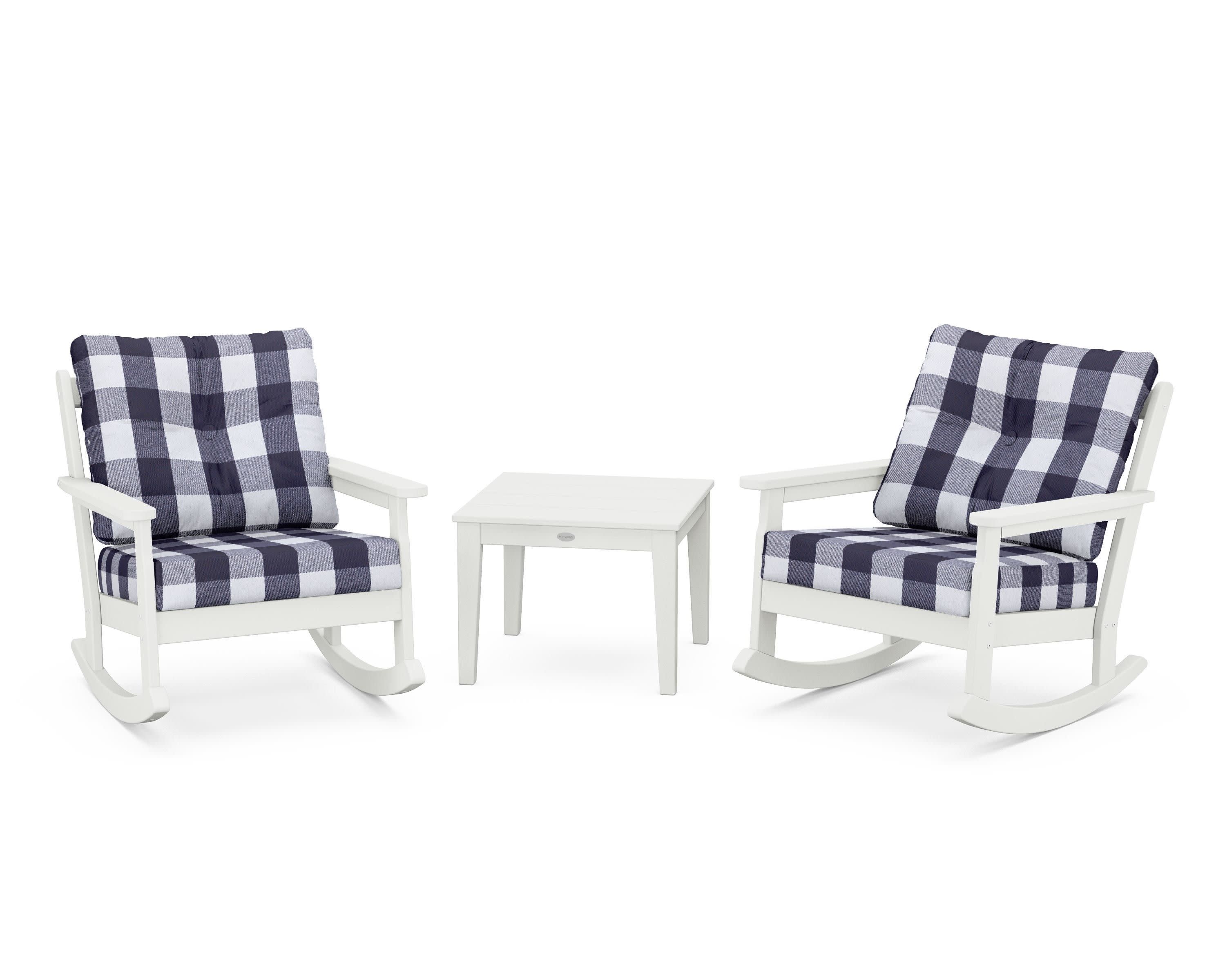 Vineyard 3-Piece Deep Seating Rocker Set in Vintage White / Buffalo Plaid Navy