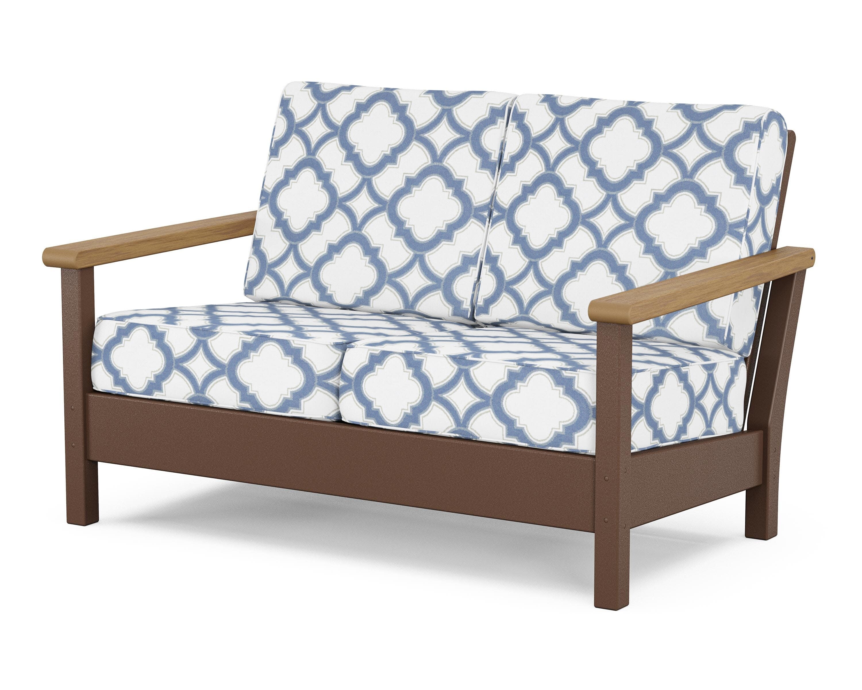 Harbour Deep Seating Loveseat in Mahogany / Natural / Trellis Sky Blue