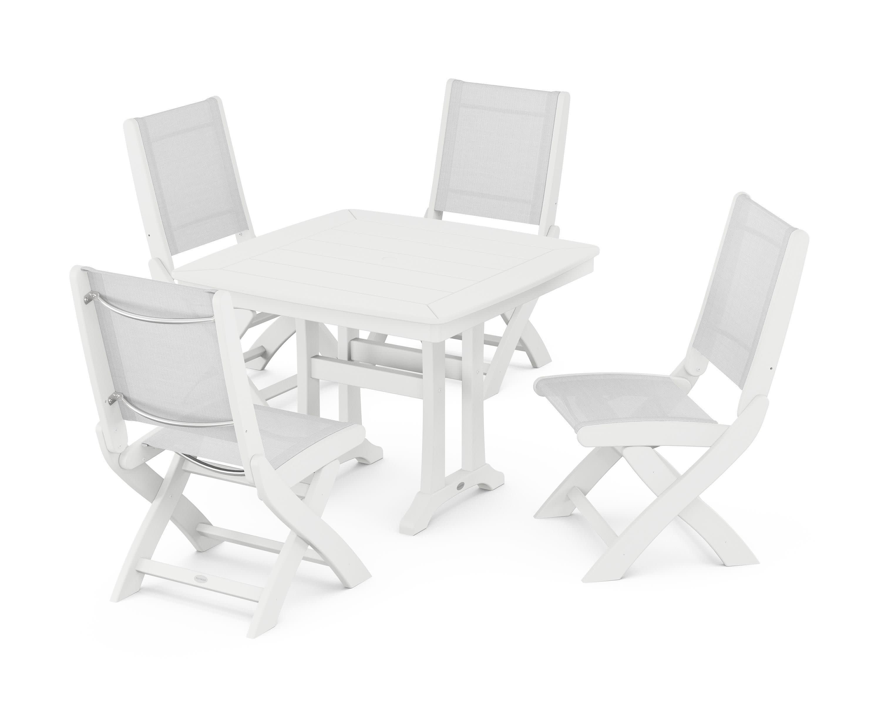 Coastal Folding Side Chair 5-Piece Dining Set with Trestle Legs in White / White Sling