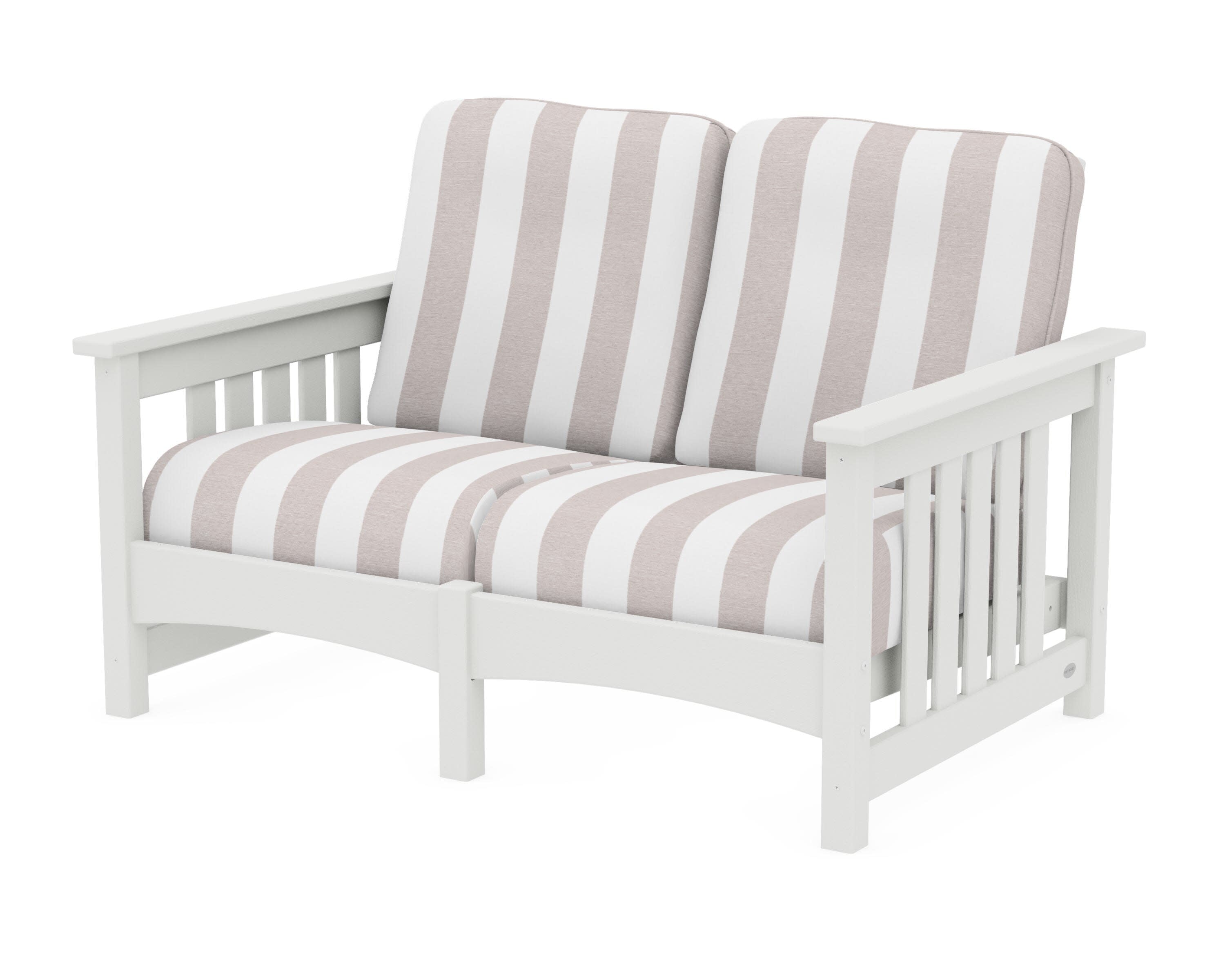 Club Mission Loveseat in Vintage White / Cabana Stripe Dune Burlap