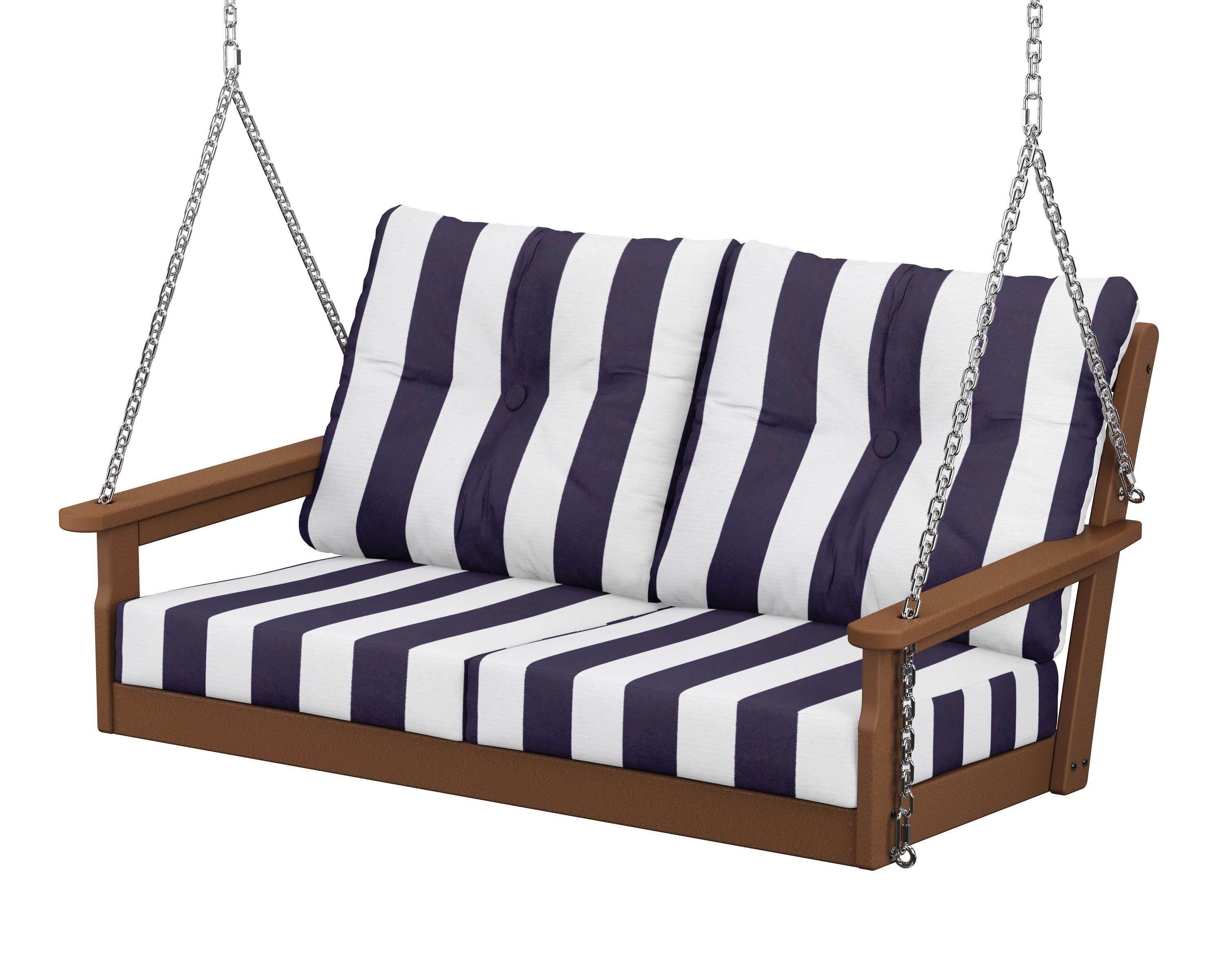 Vineyard Deep Seating Swing in Teak / Cabana Stripe Navy