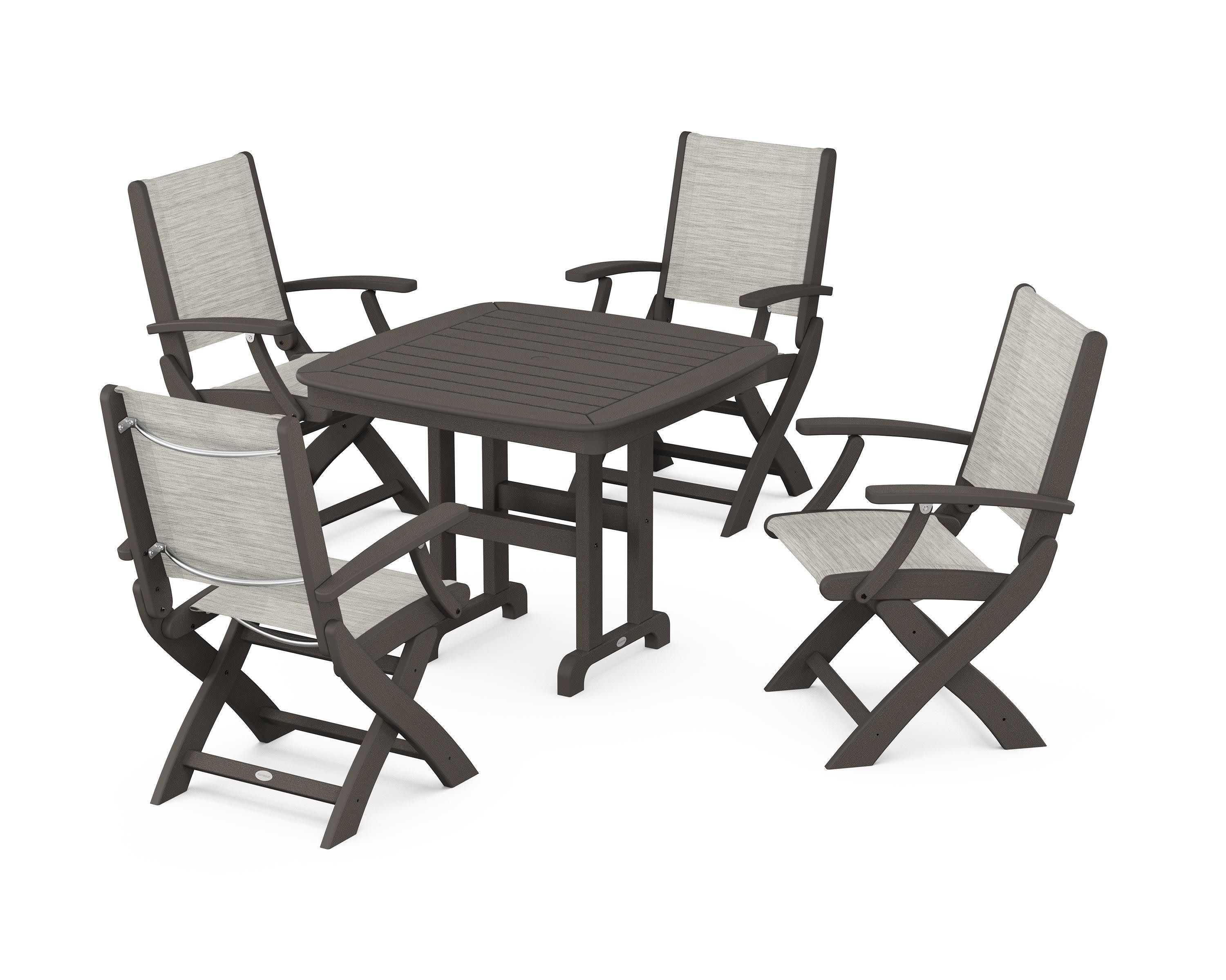 Coastal Folding Chair 5-Piece Dining Set in Vintage Coffee / Birch Sling