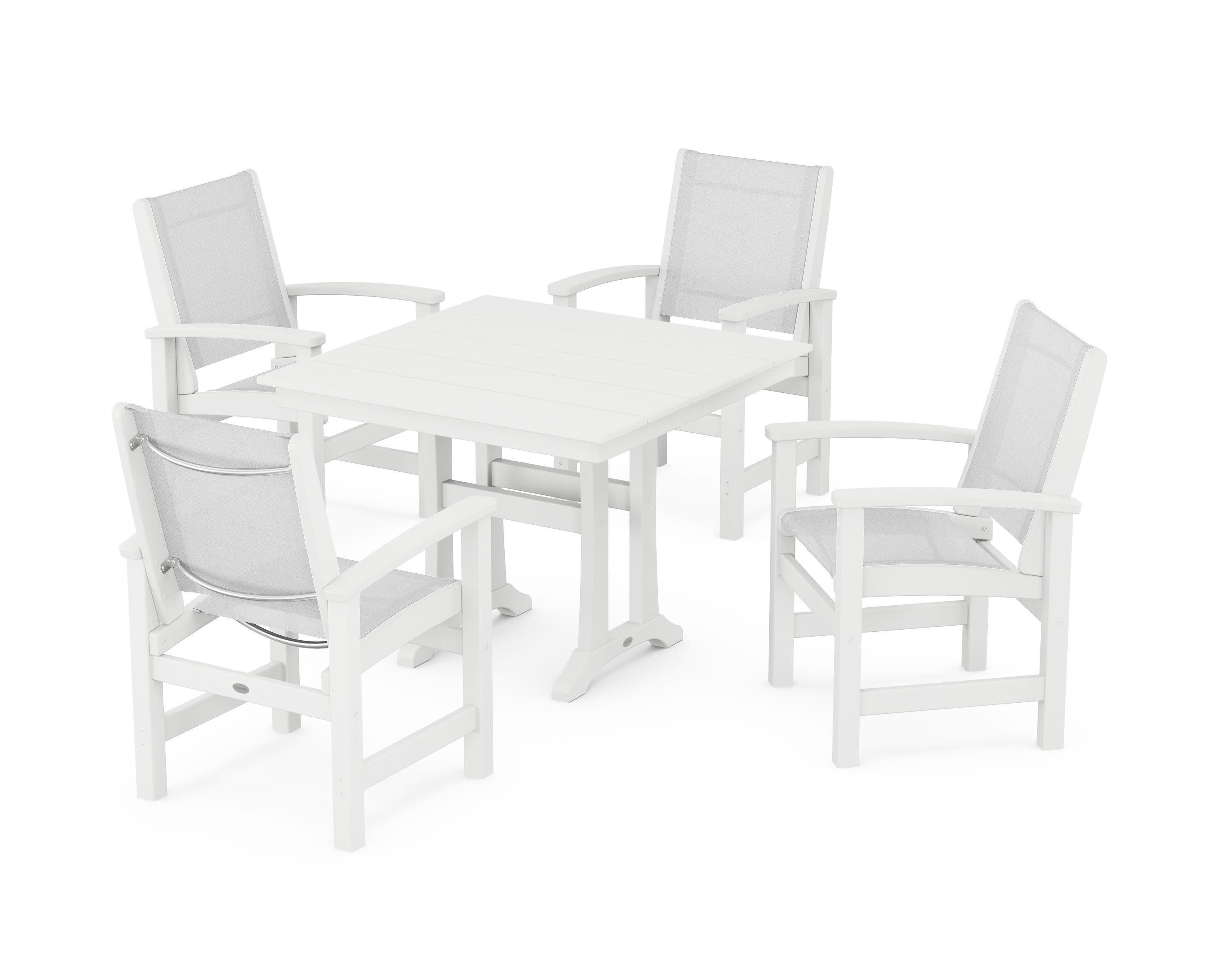 Coastal 5-Piece Farmhouse Dining Set With Trestle Legs in White / White Sling