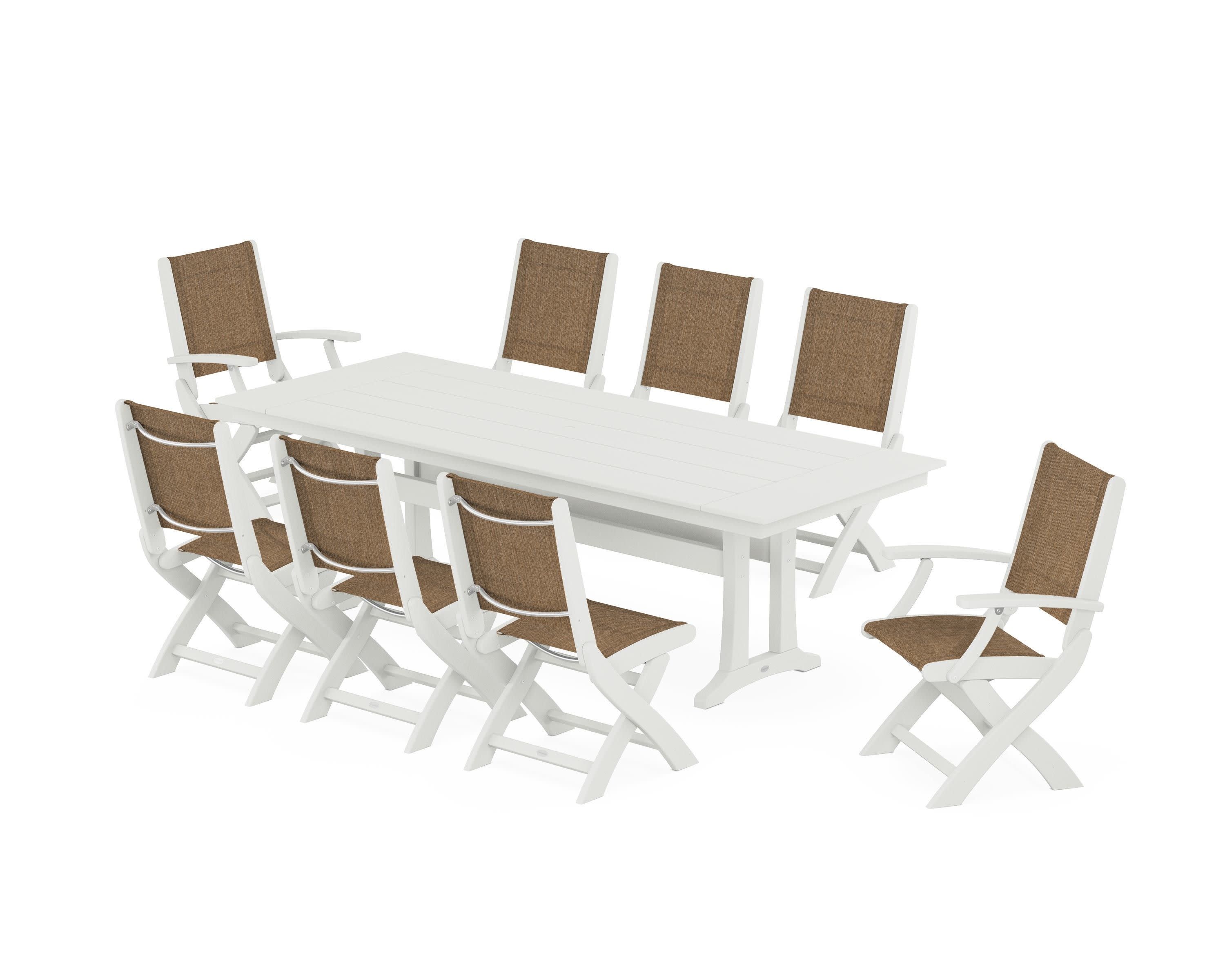 Coastal 9-Piece Folding Dining Chair Farmhouse Dining Set with Trestle Legs in Vintage White / Burlap Sling