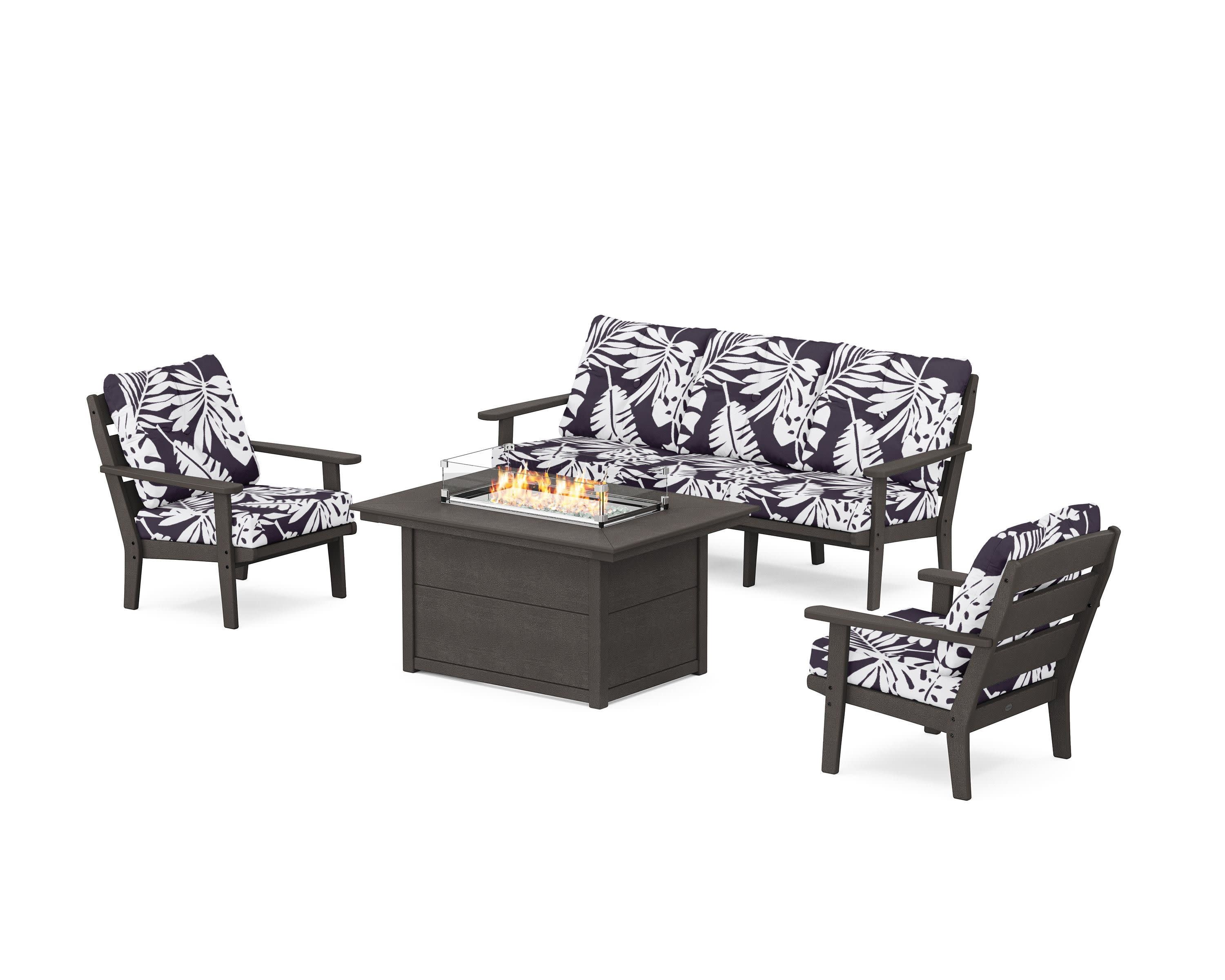 Lakeside Deep Seating Fire Pit Table Set in Vintage Coffee / Leaf Navy