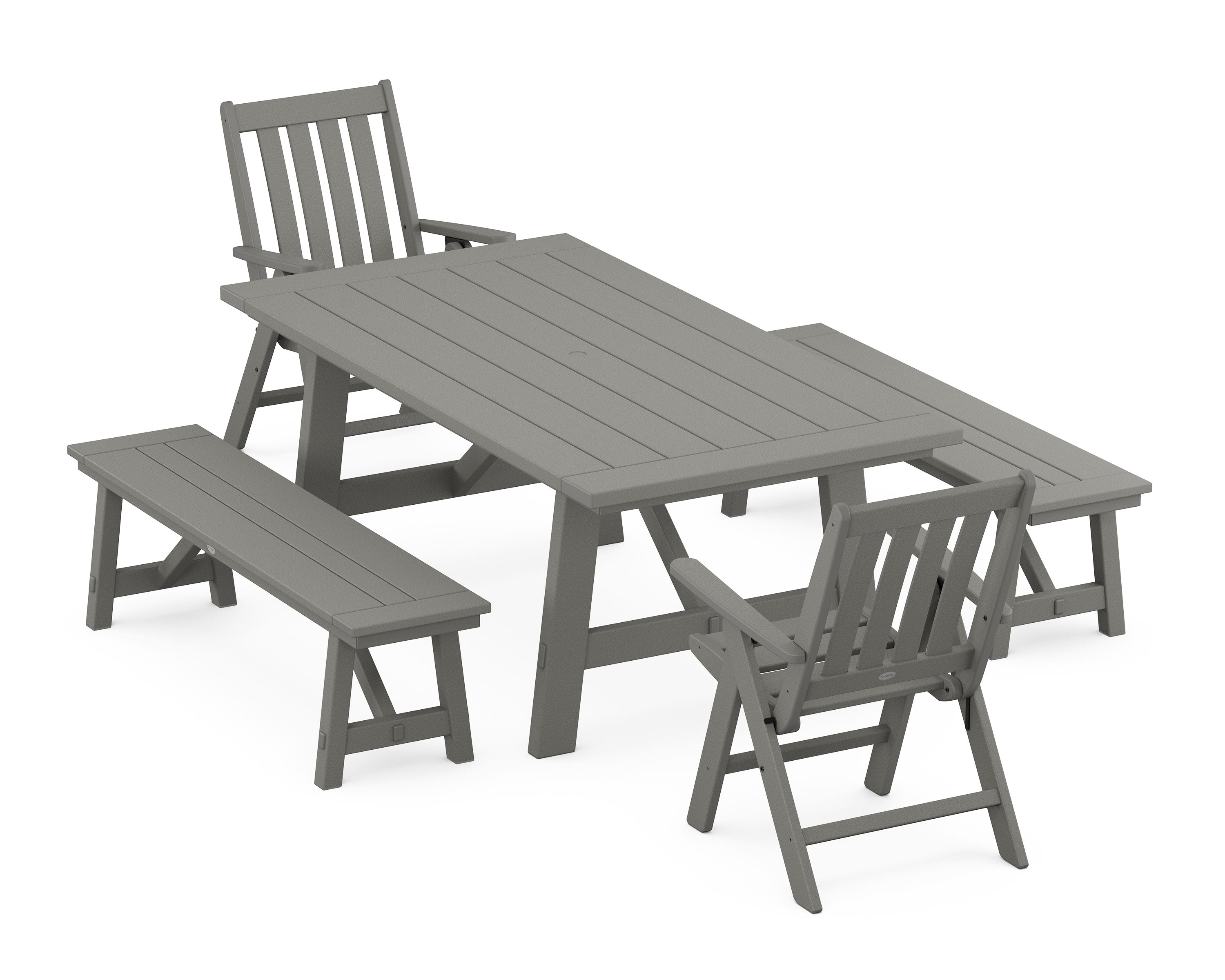 Vineyard Folding Chair 5-Piece Rustic Farmhouse Dining Set With Benches in Slate Grey