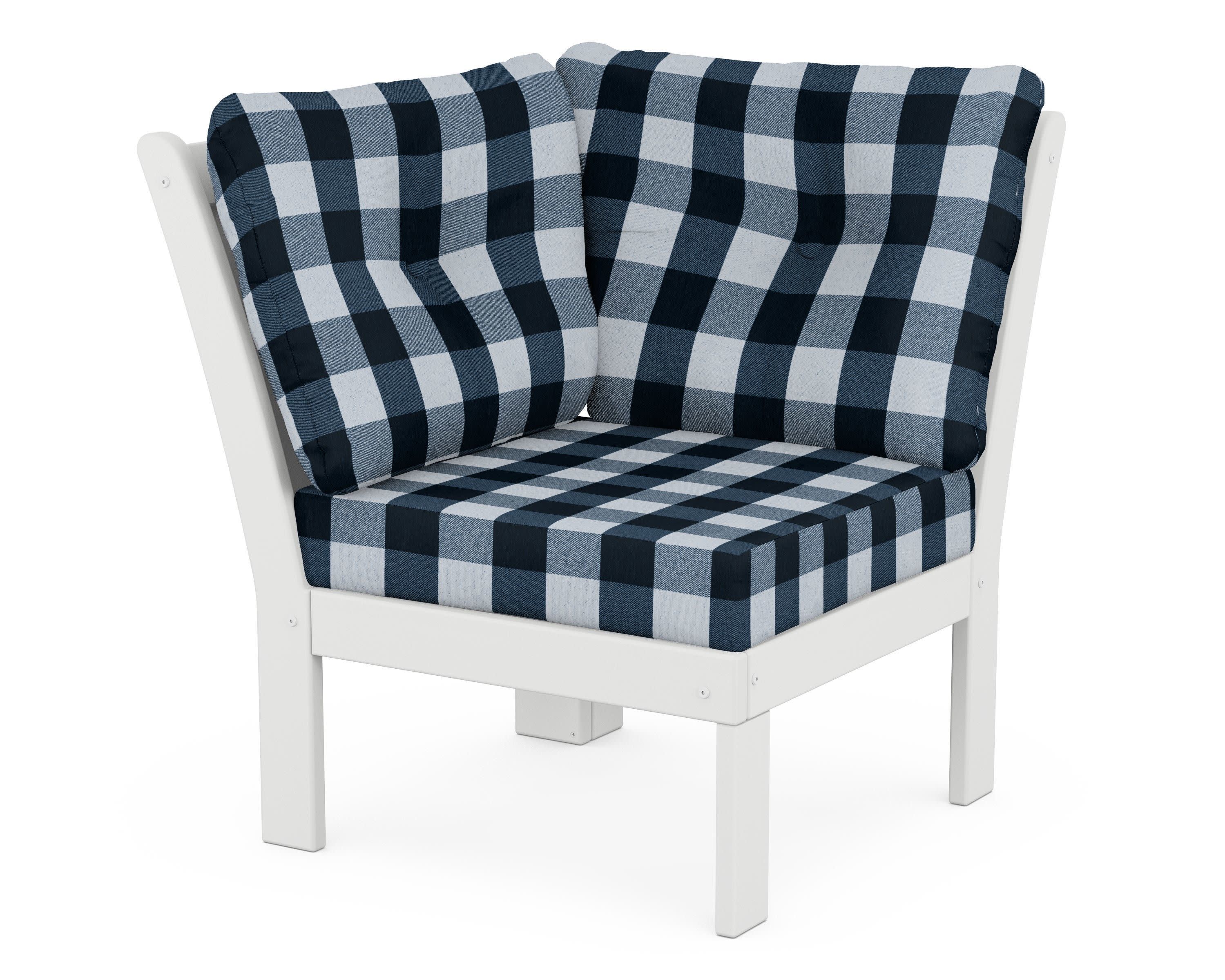 Vineyard Modular Corner Chair in White / Buffalo Plaid Marine Indigo