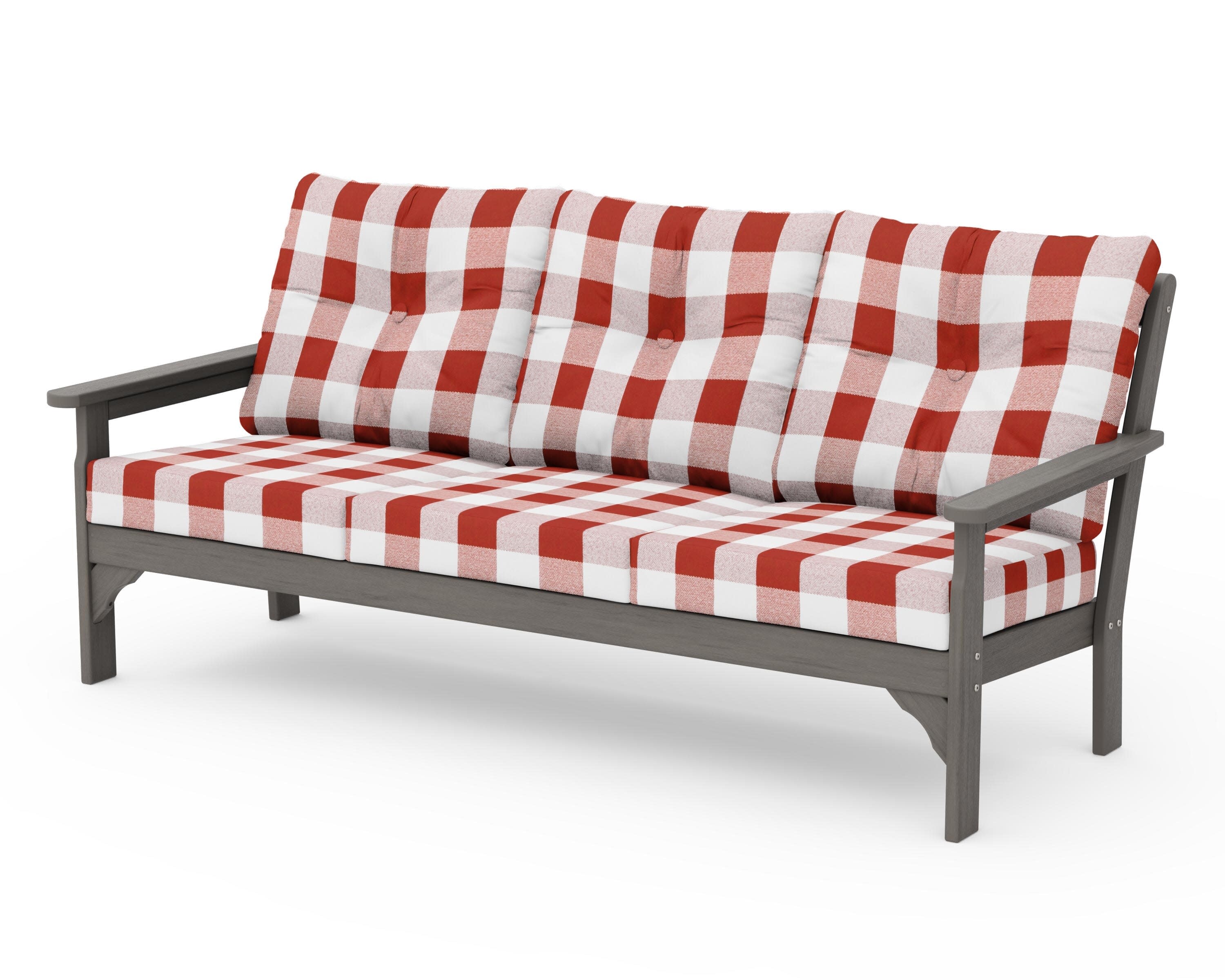 Vineyard Deep Seating Sofa in Driftwood / Buffalo Plaid Crimson