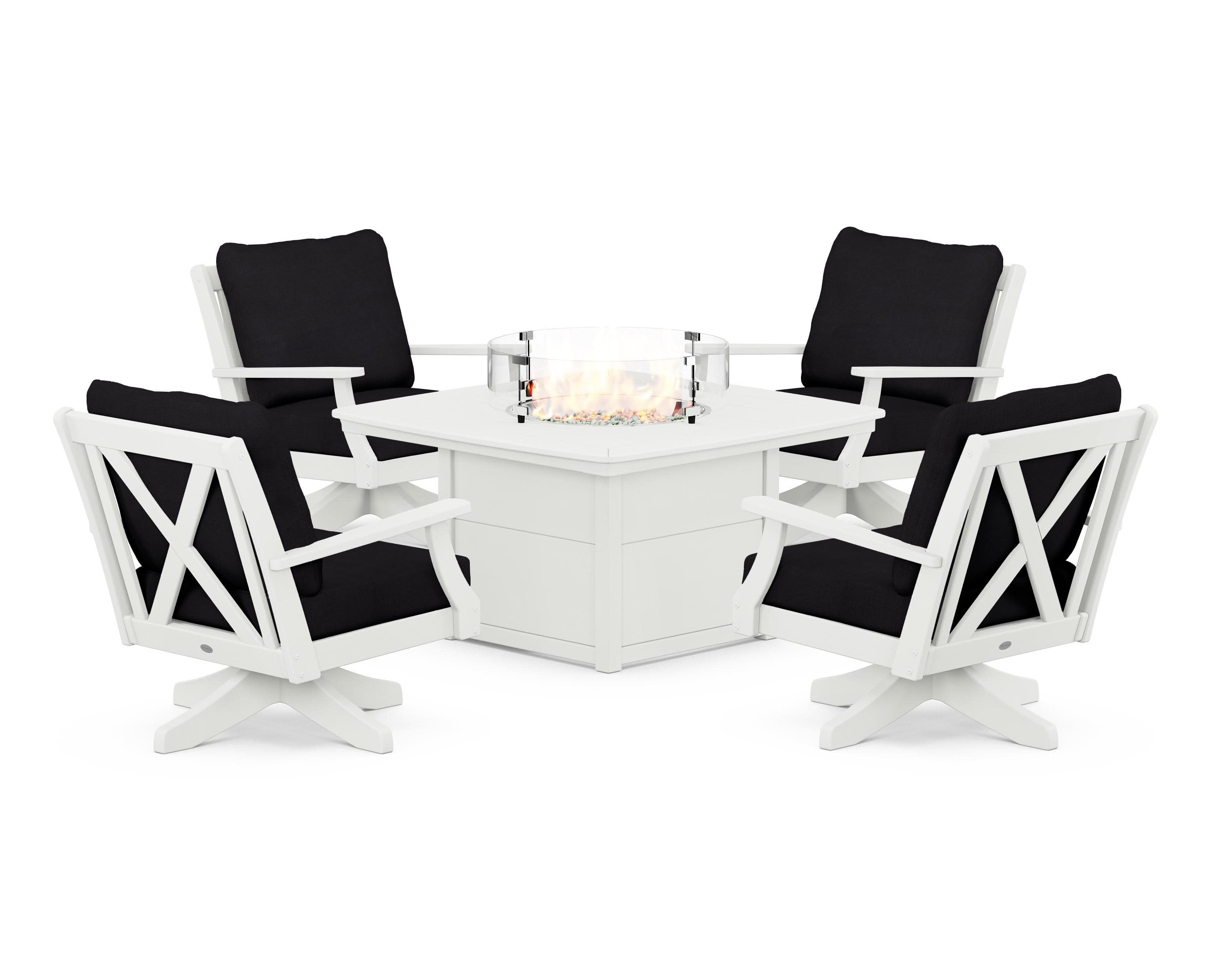 Braxton 5-Piece Deep Seating Swivel Conversation Set with Fire Pit Table in Vintage White / Midnight Linen