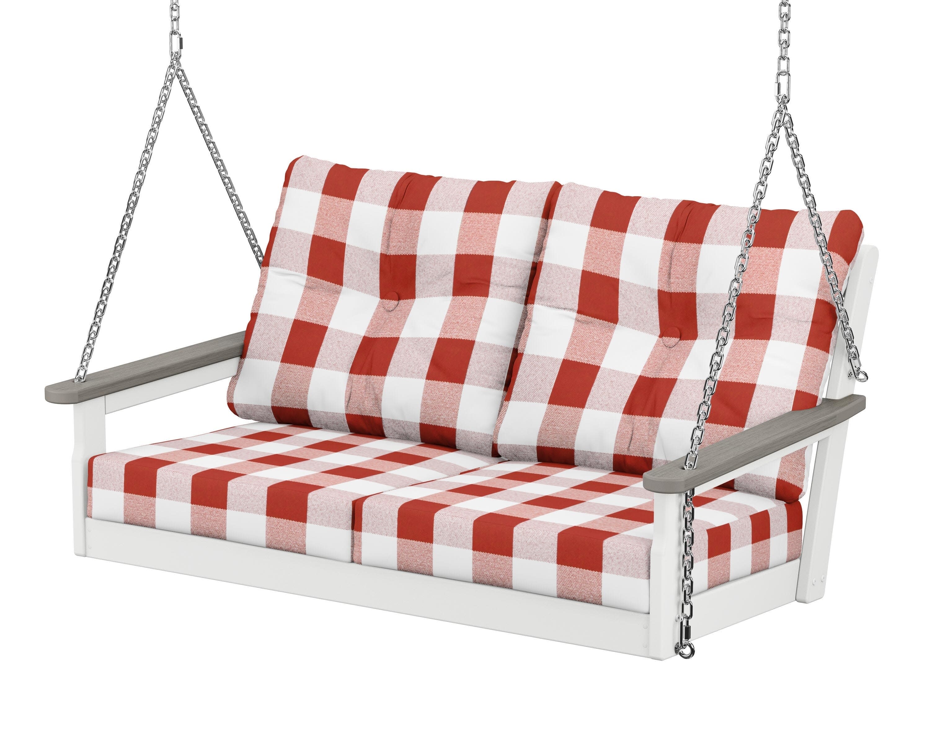 Vineyard Deep Seating Swing in White / Driftwood / Buffalo Plaid Crimson