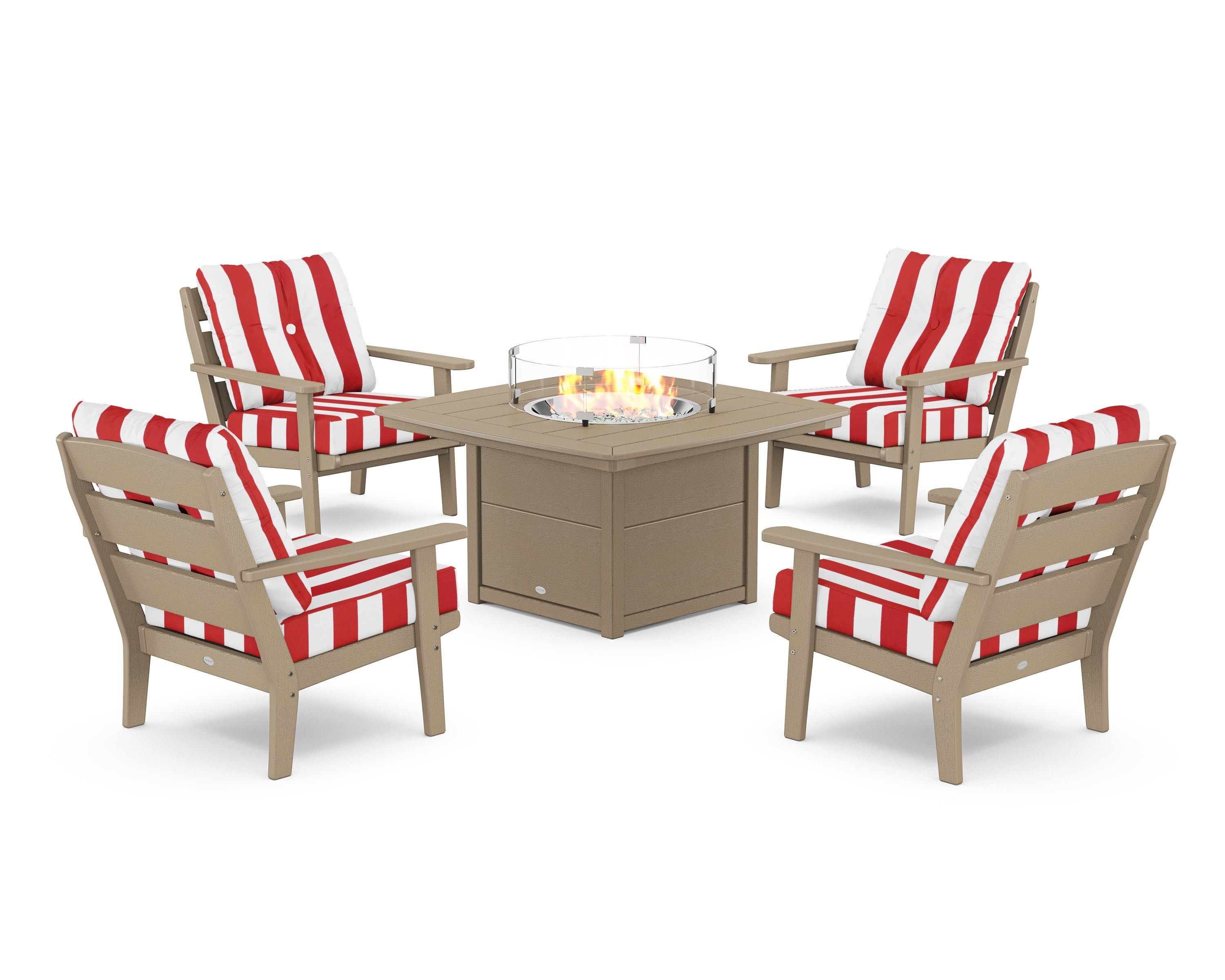 Lakeside 5-Piece Deep Seating Set with Nautical Fire Pit Table in Vintage Sahara / Cabana Stripe Crimson