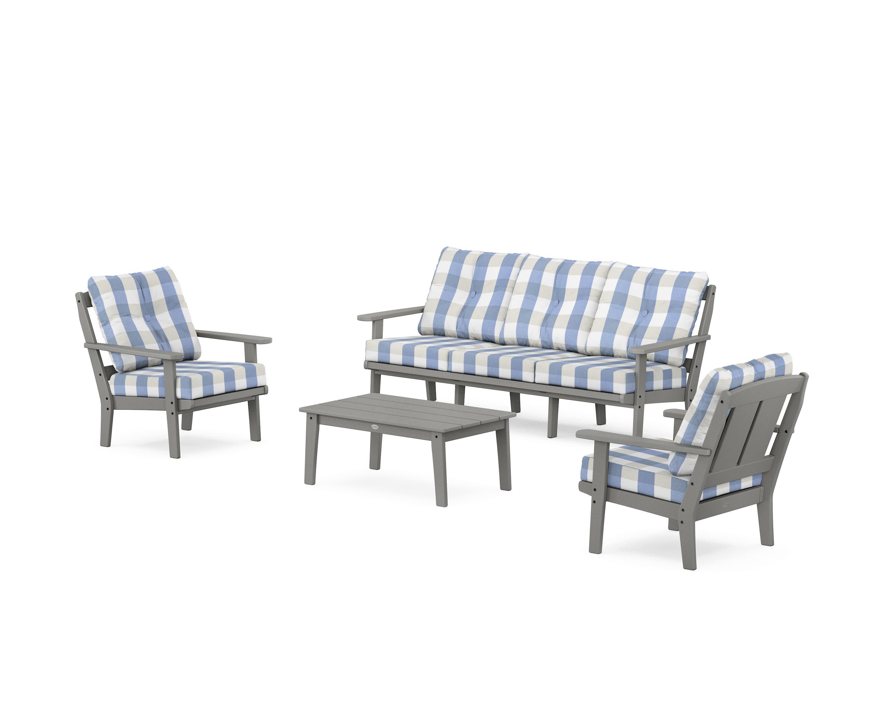 Mission 4-Piece Deep Seating Set with Sofa in Slate Grey / Buffalo Plaid Sky Blue