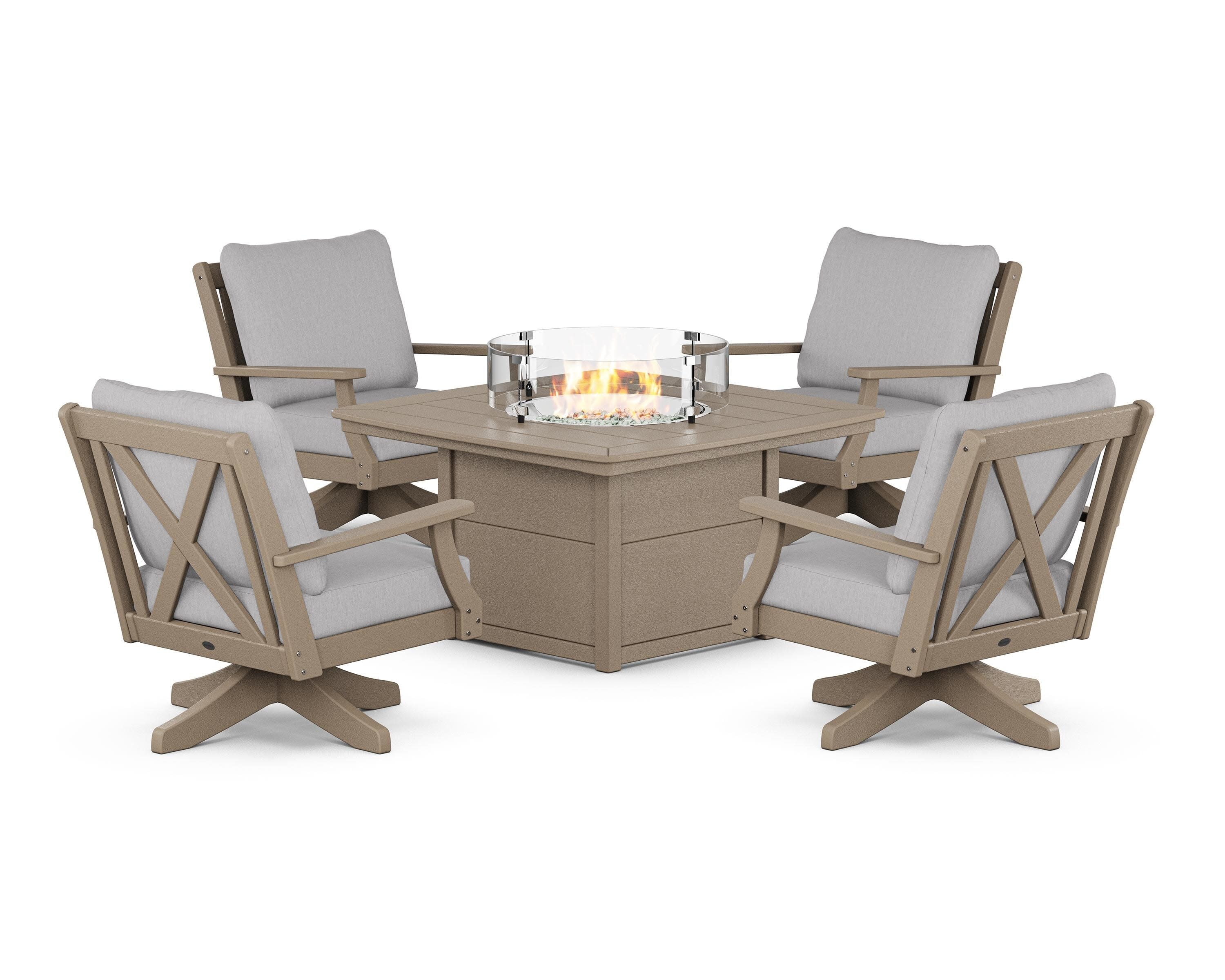 Braxton 5-Piece Deep Seating Swivel Conversation Set with Fire Pit Table in Vintage Sahara / Granite