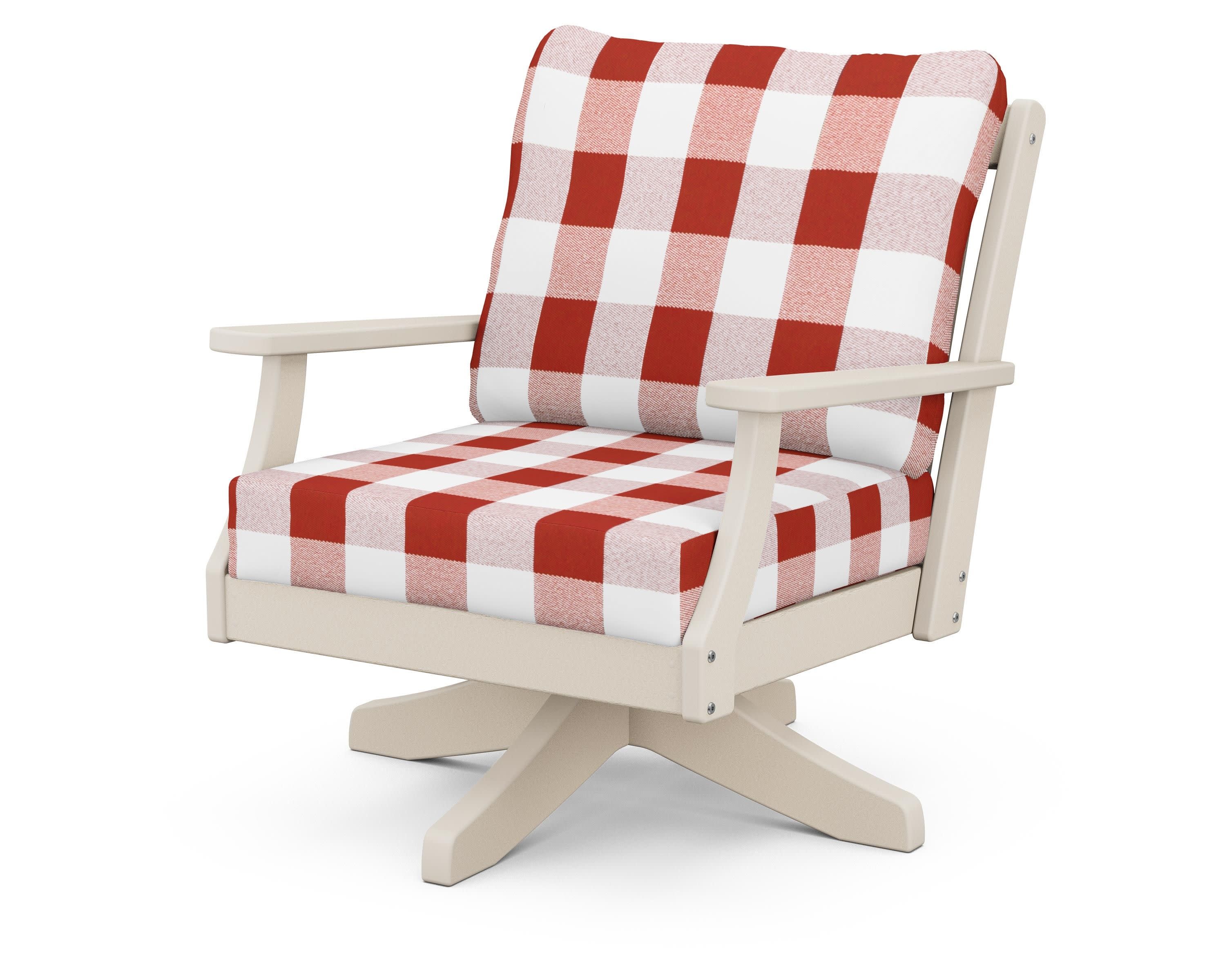Braxton Deep Seating Swivel Chair in Sand / Buffalo Plaid Crimson