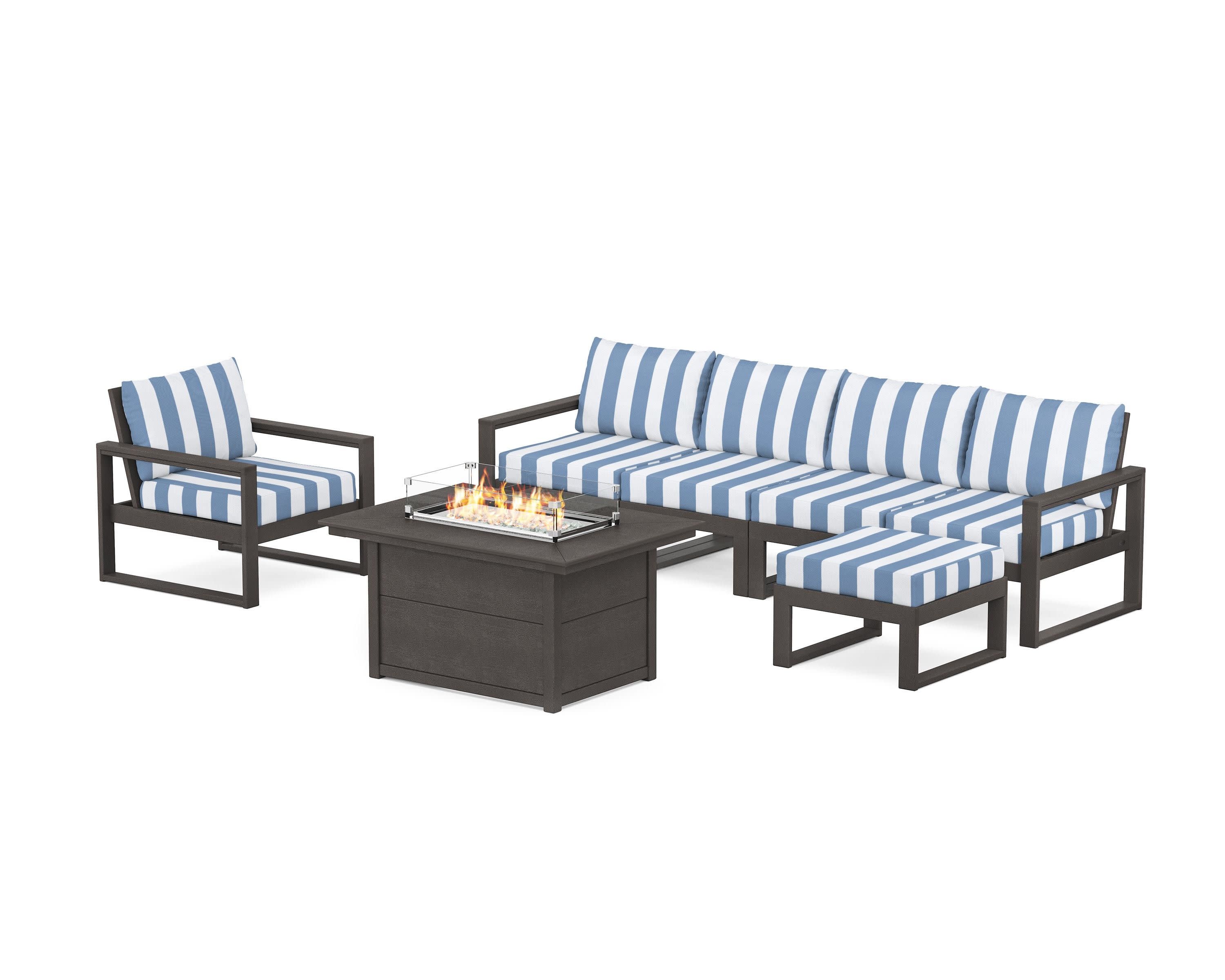 EDGE Sectional Lounge and Fire Pit Set in Vintage Coffee / Cabana Stripe Sky Blue