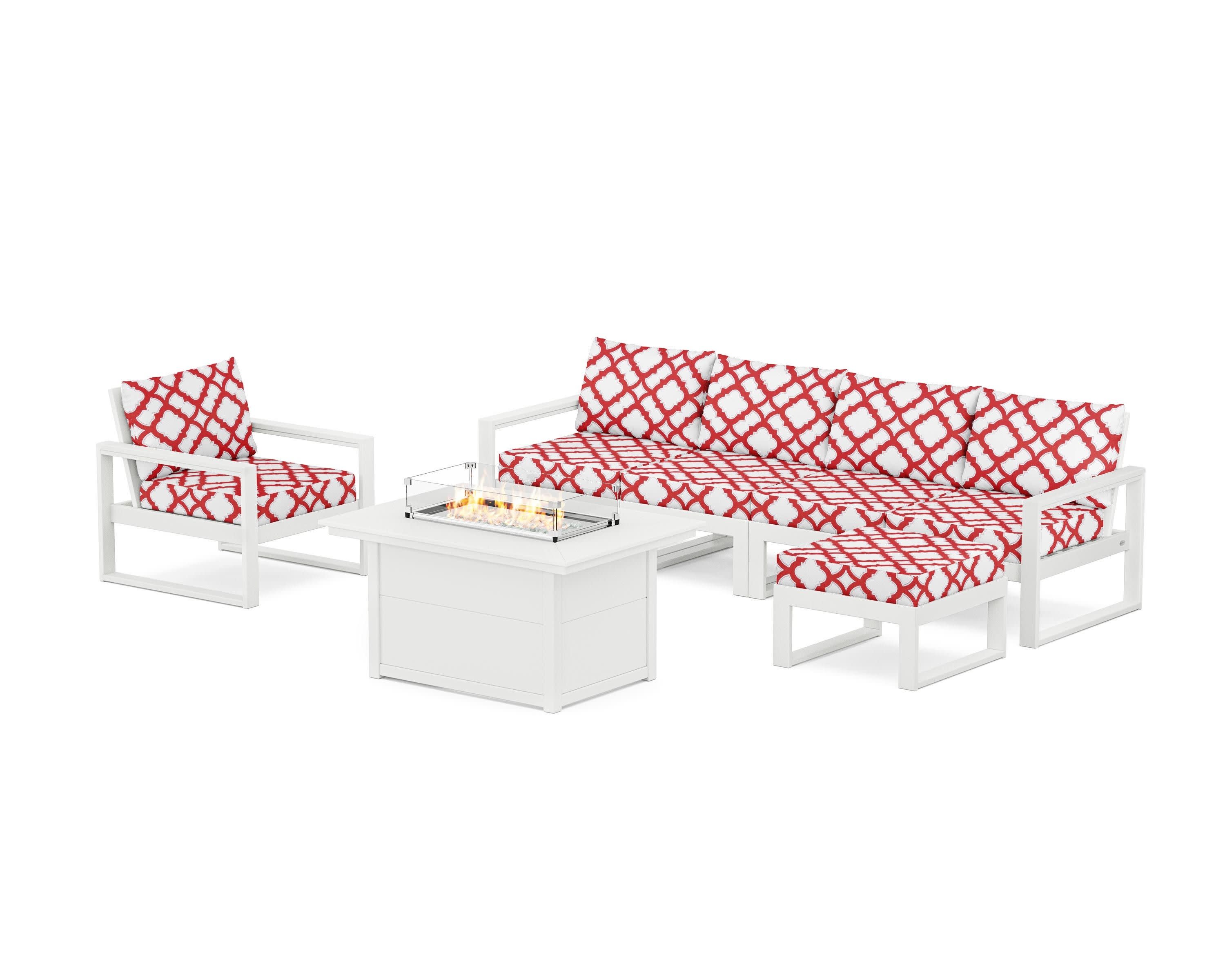 EDGE Sectional Lounge and Fire Pit Set in White / Trellis Crimson