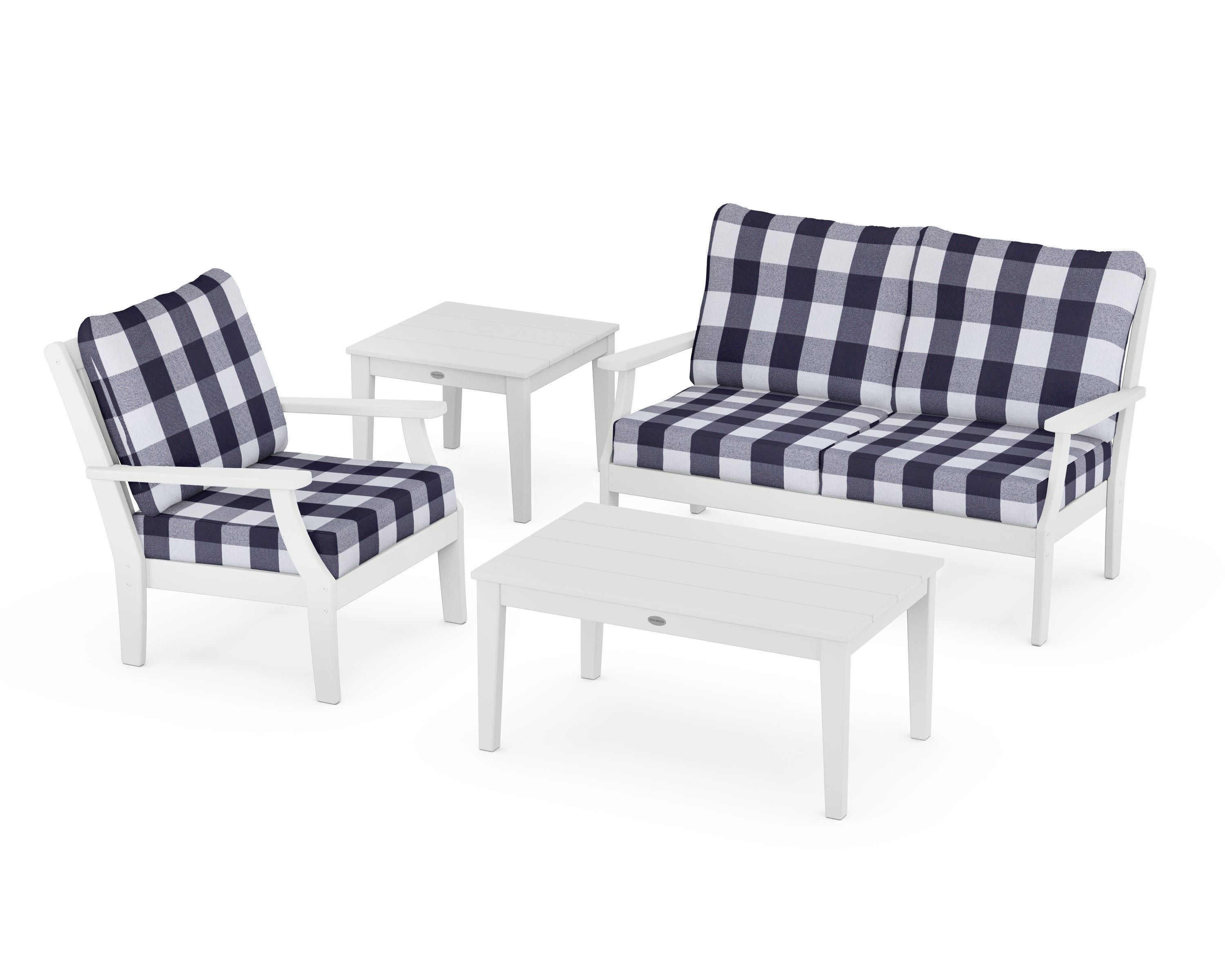 Braxton 4-Piece Deep Seating Set in White / Buffalo Plaid Navy