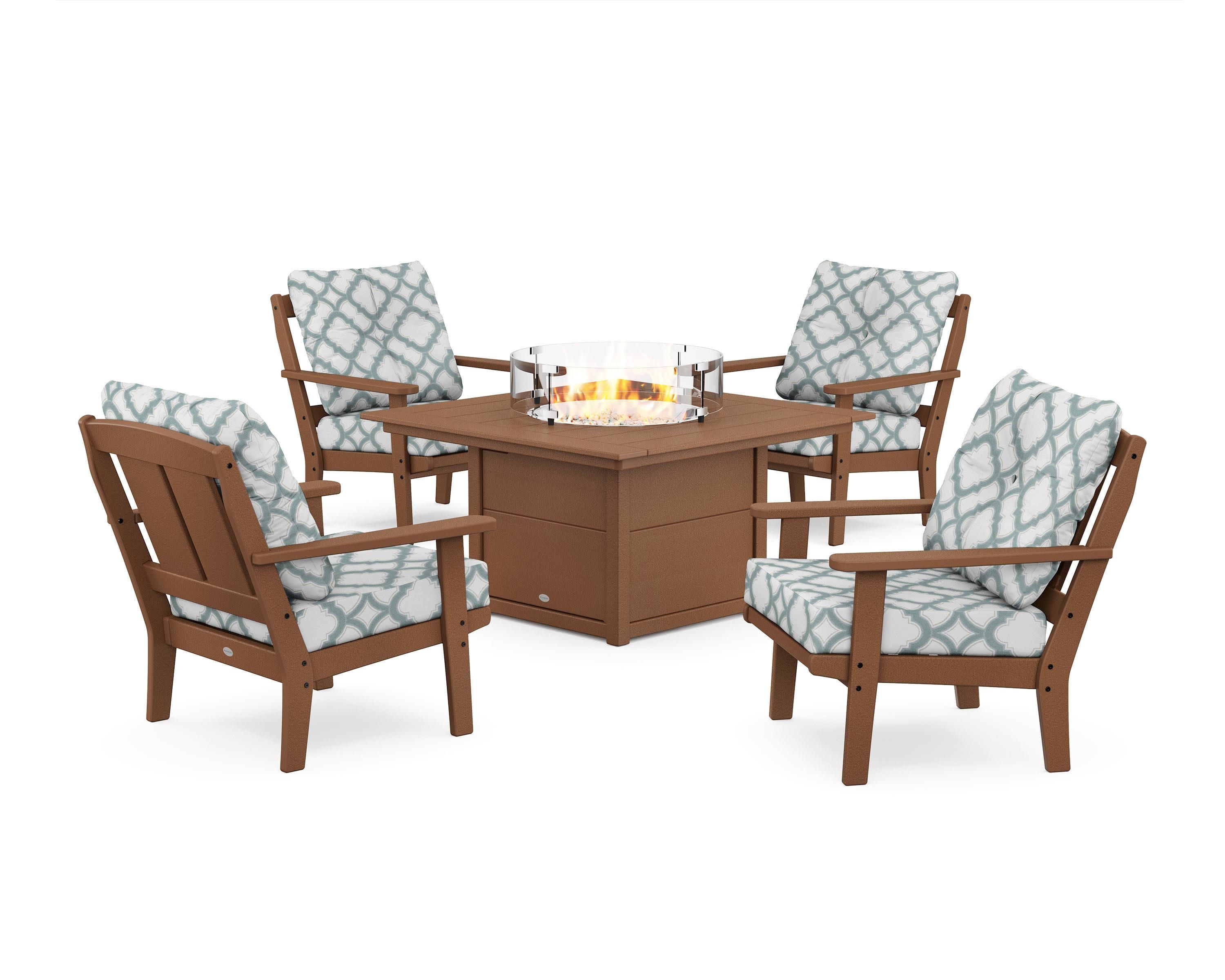 Mission 5-Piece Deep Seating Set with Fire Pit Table in Teak / Trellis Glacier Spa
