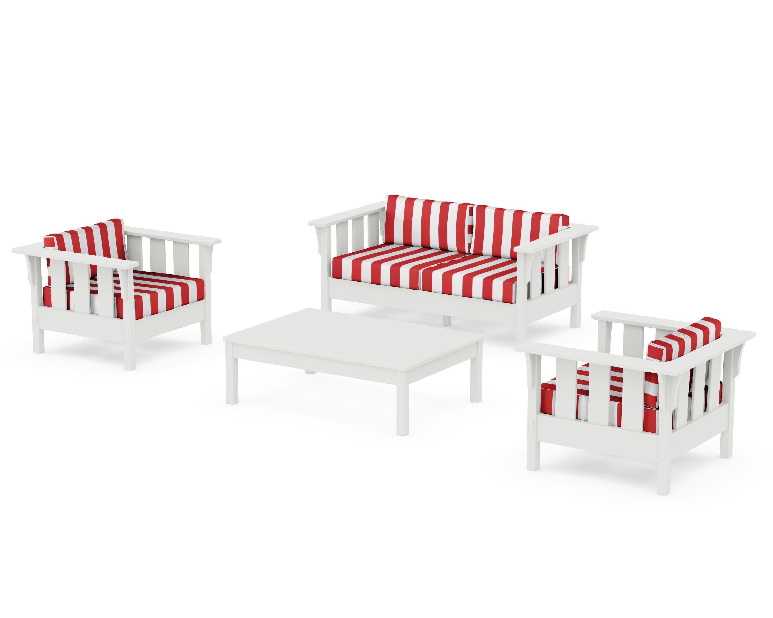 Acadia 4-Piece Deep Seating Set with Loveseat in Vintage White / Cabana Stripe Crimson