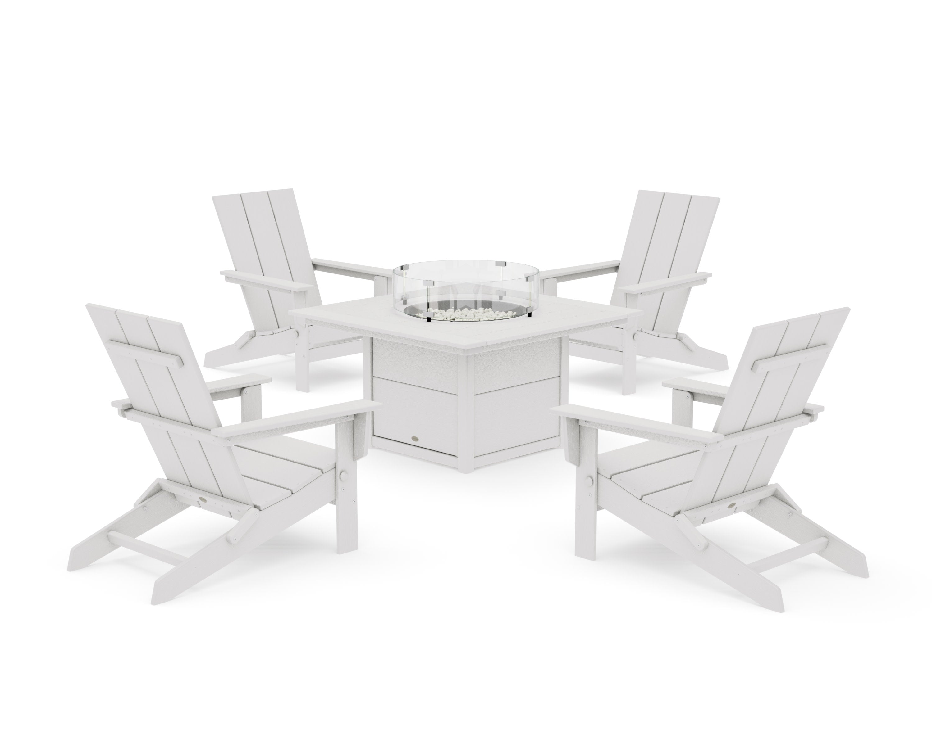5-Piece Modern Studio Folding Adirondack Conversation Set with Fire Pit Table in Vintage White