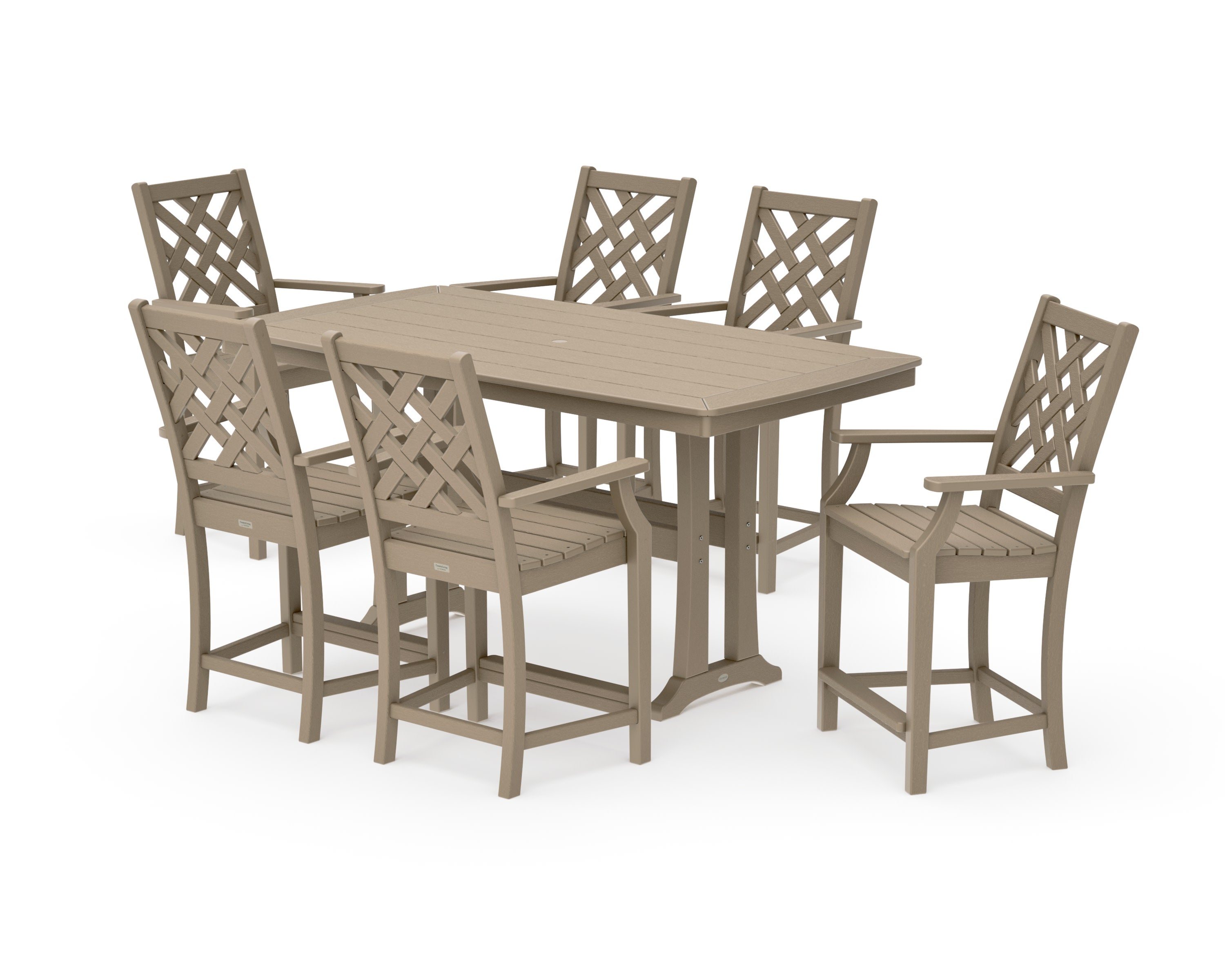 Wovendale Arm Chair 7-Piece Counter Set with Trestle Legs in Vintage Sahara