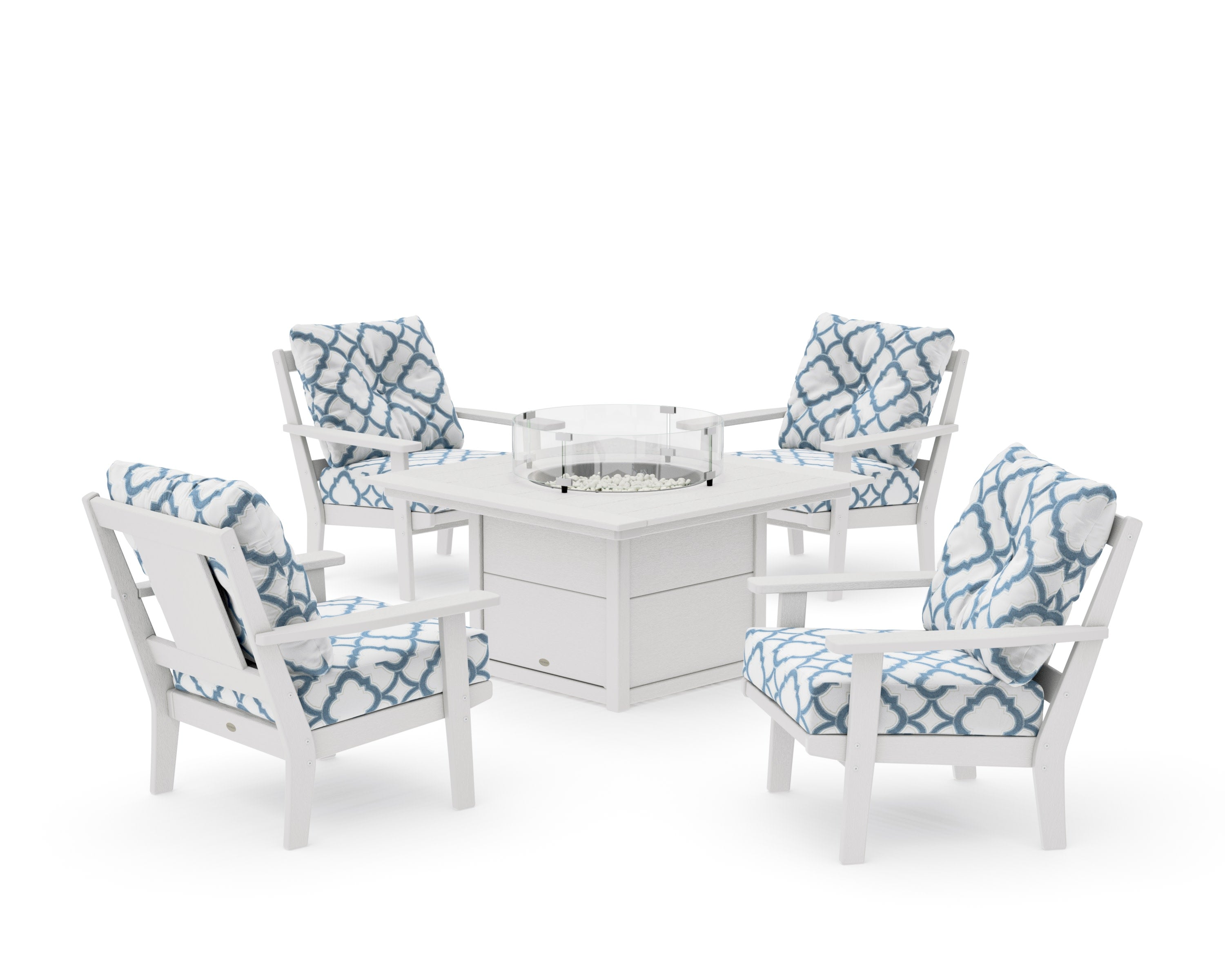 Prairie 5-Piece Deep Seating Set with Fire Pit Table in Vintage White / Trellis Sky Blue