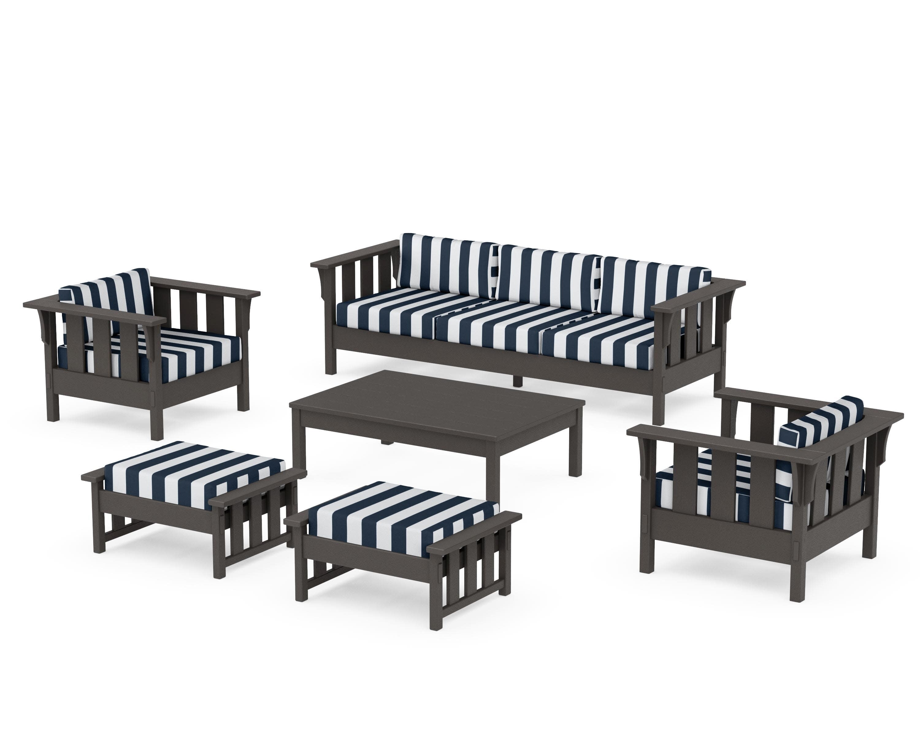 Acadia 6-Piece Lounge Sofa Set in Vintage Coffee / Cabana Stripe Marine Indigo