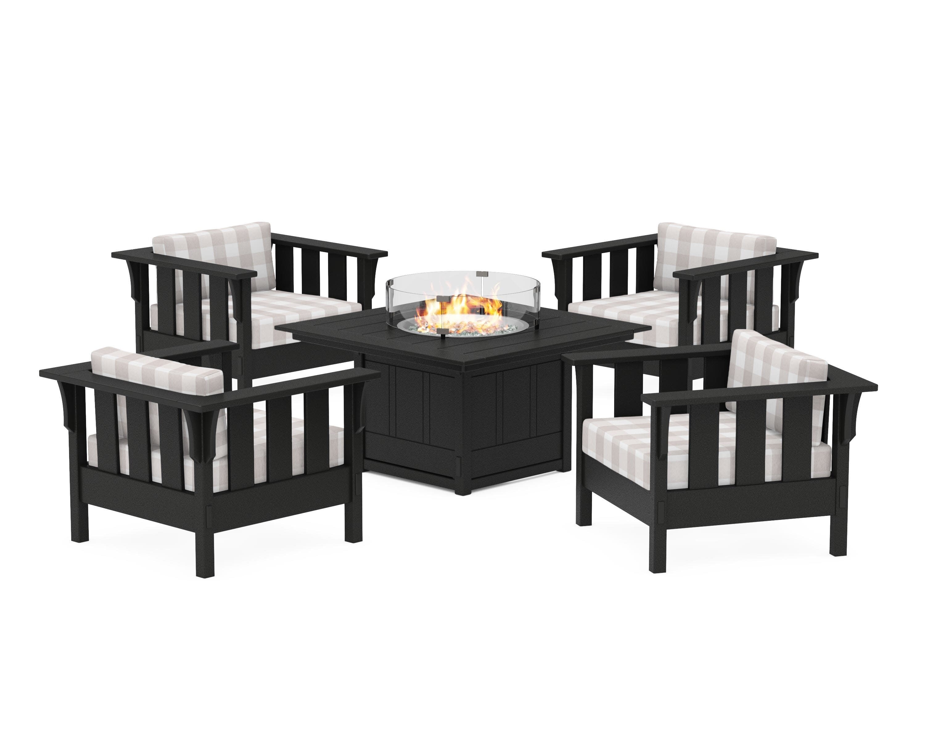 Acadia 5-Piece Deep Seating Set with Fire Pit Table in Black / Buffalo Plaid Dune Burlap