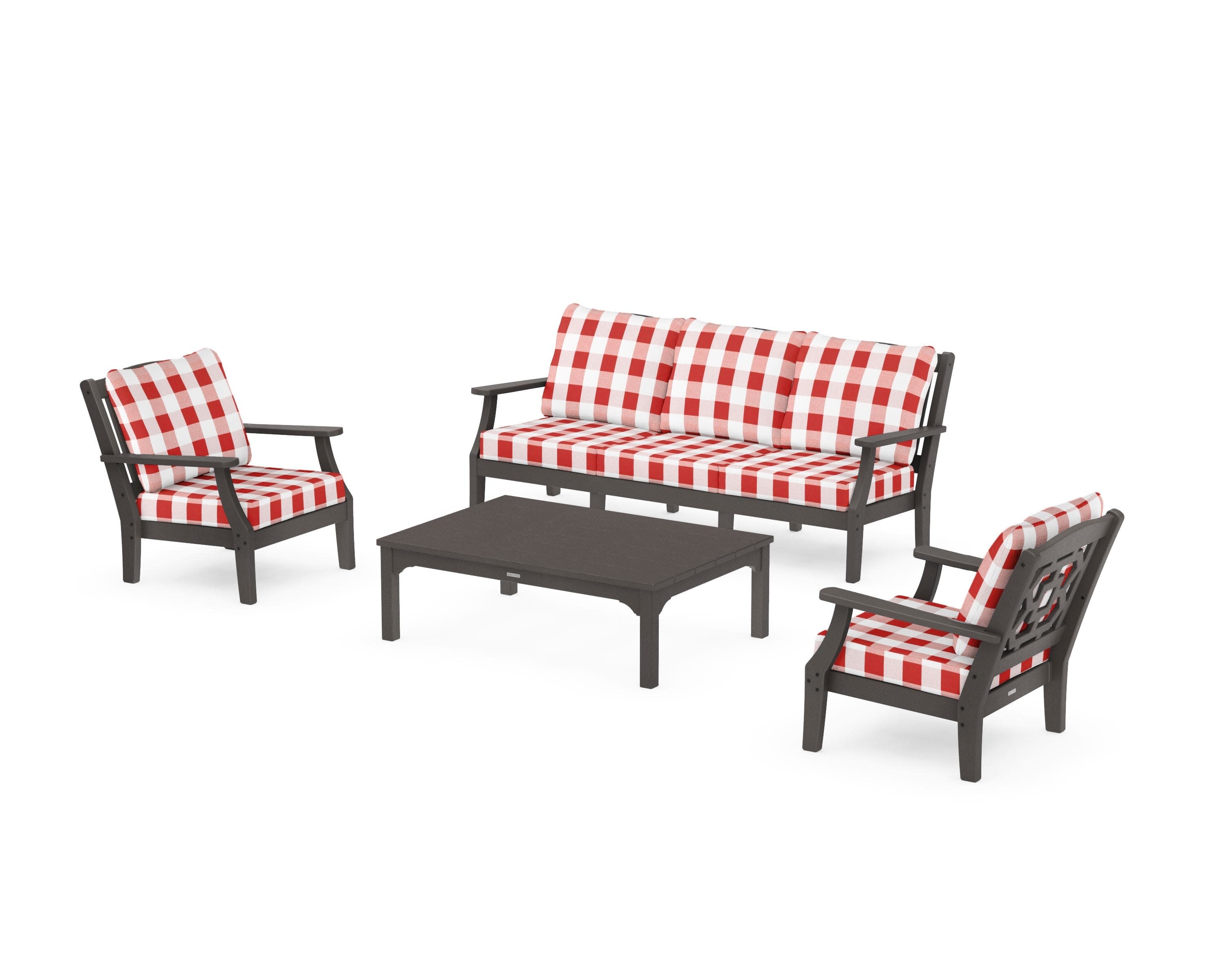 Chinoiserie 4-Piece Deep Seating Set with Sofa in Vintage Coffee / Buffalo Plaid Crimson