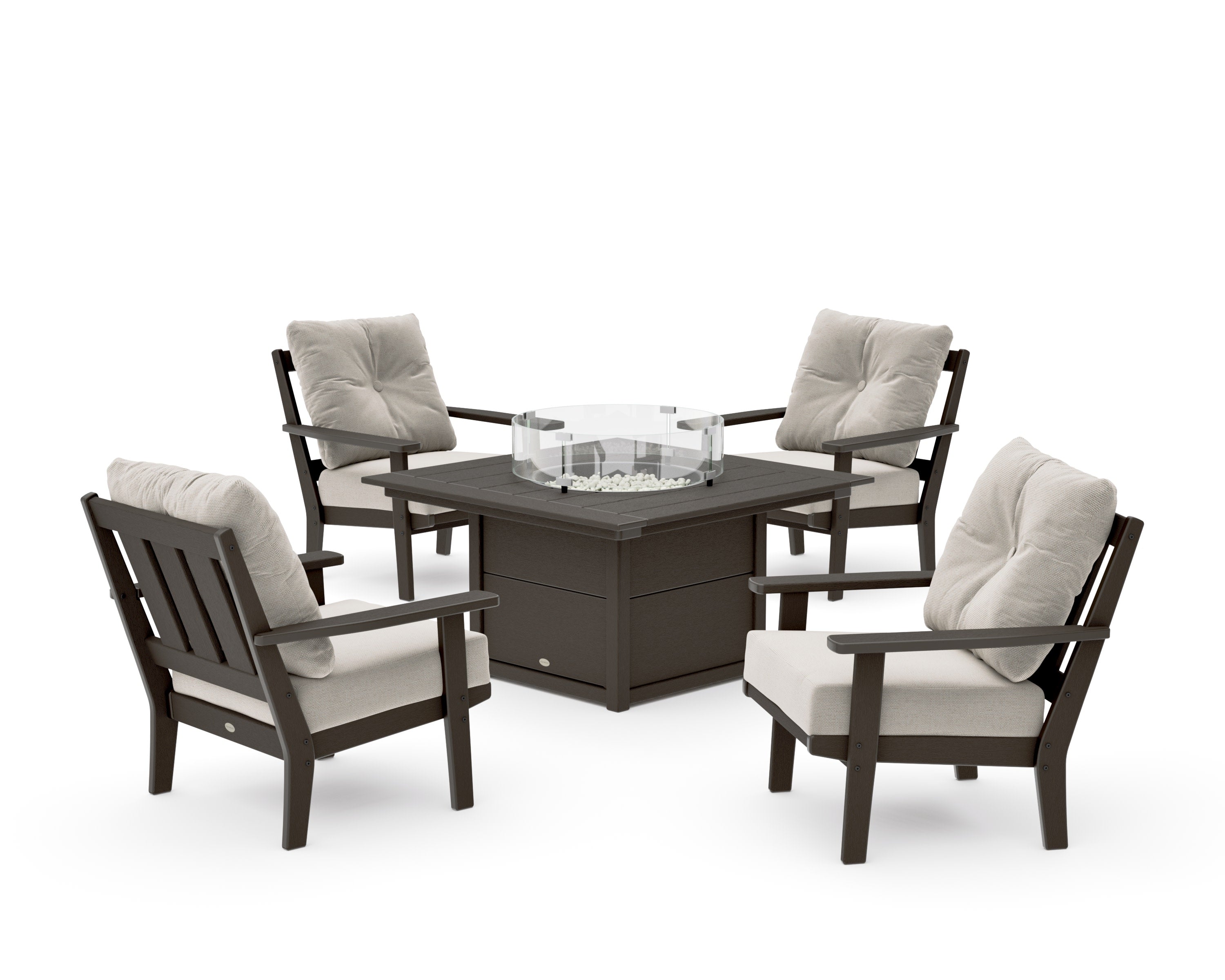 Oxford 5-Piece Deep Seating Set with Fire Pit Table in Vintage Coffee / Dune Burlap