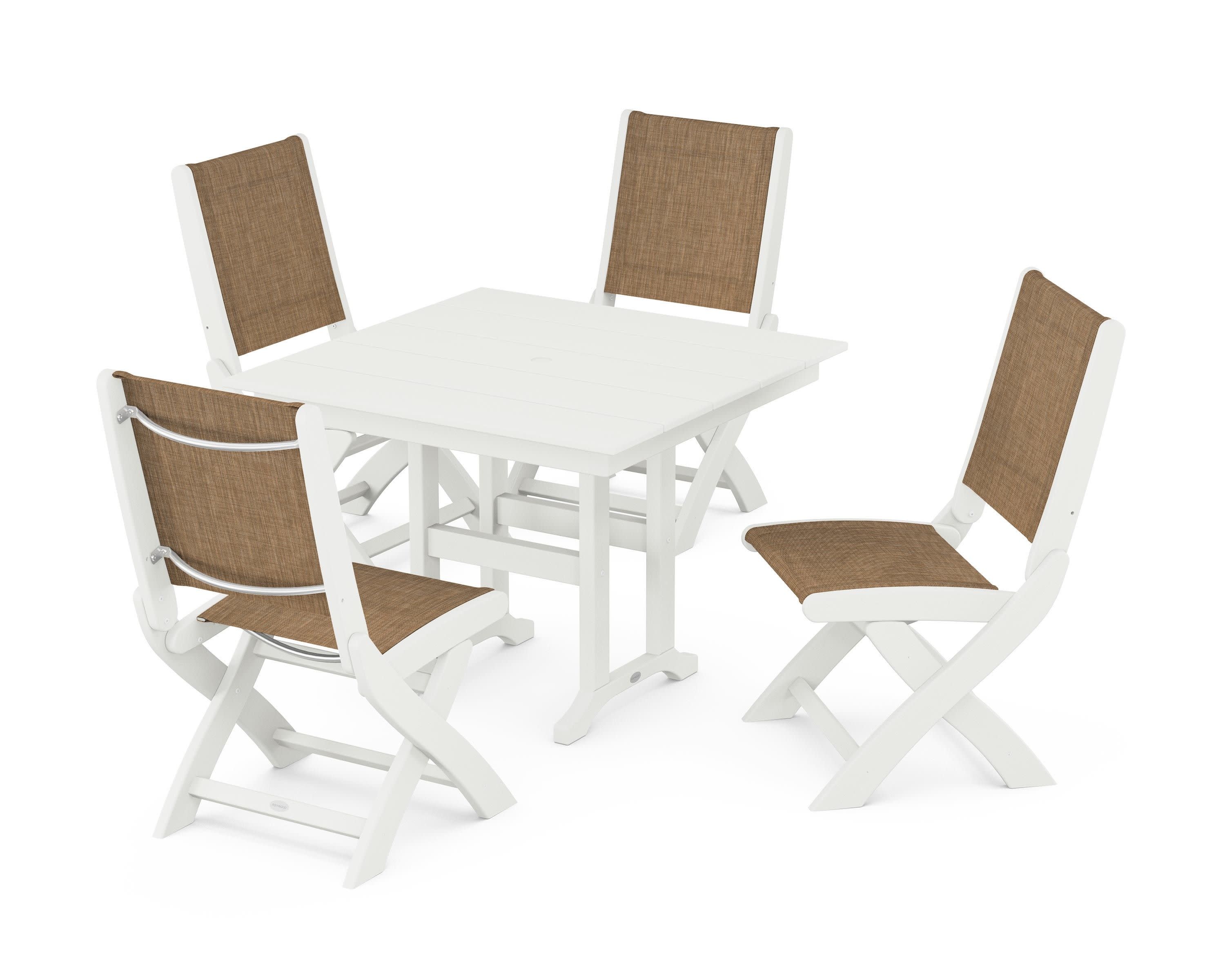 Coastal Folding Side Chair 5-Piece Farmhouse Dining Set in Vintage White / Burlap Sling